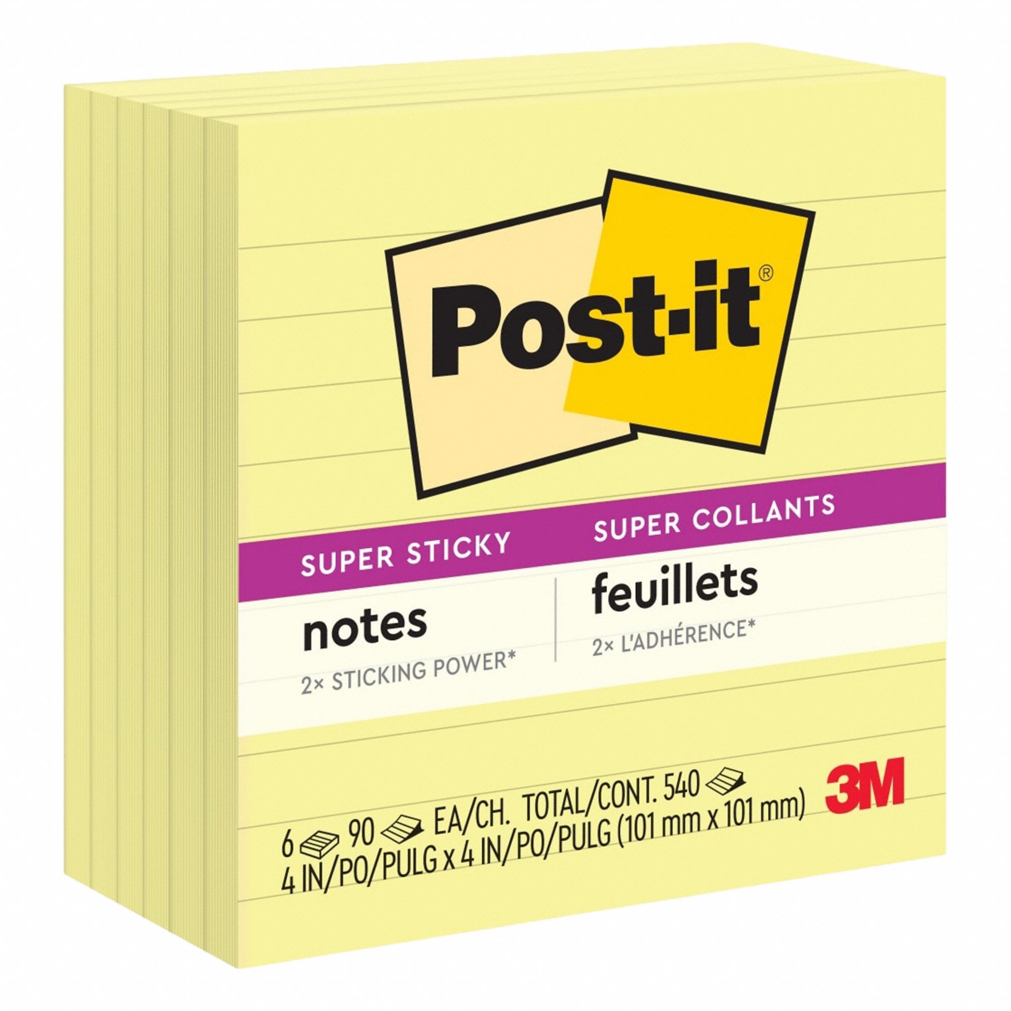 Sticky Notes: Yellow, Super Sticky, 90 Sheets per Pad, 6 Pads per Pack, 4 in x 4 in, 6 PK