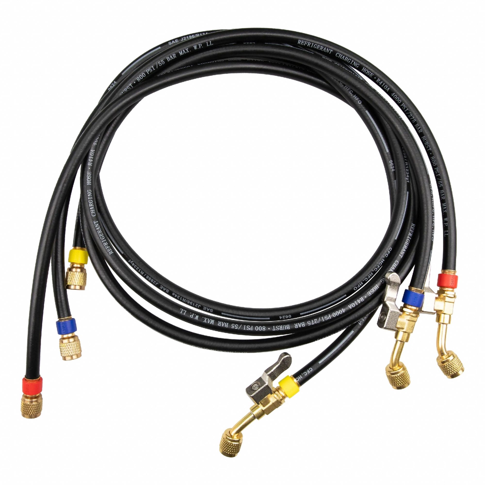 Hose Set: 5 ft Lg, 45° Angle, Black/Blue/Red/Yellow, Rubber, 3 Hoses, Ball Valve