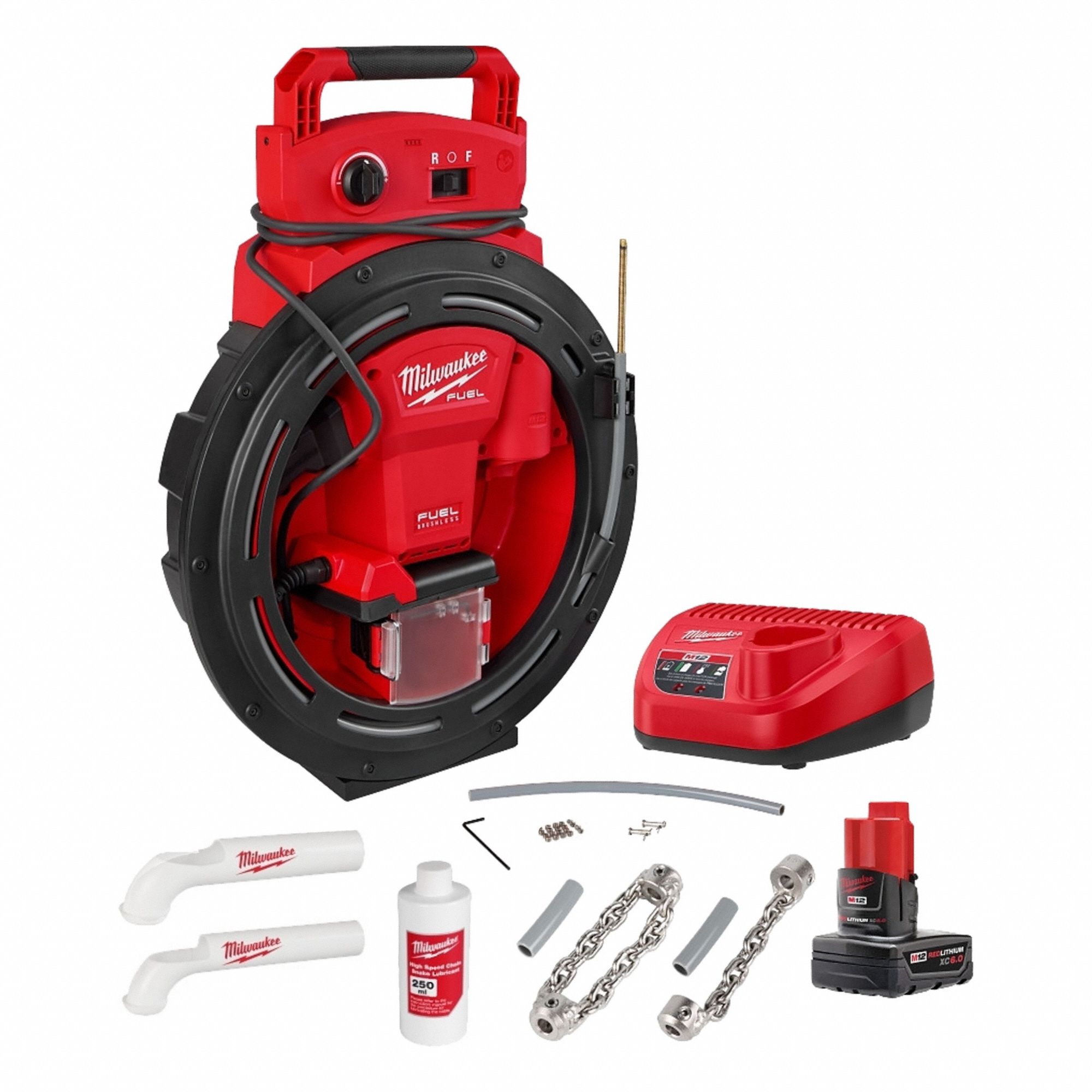 MILWAUKEE Chain Snake Kit: Cordless, M12 FUEL™, M12™, For 1 1/4 in to 2 in Pipe, 1/4 in Cable Dia. (MPN 2519-21). Key specifications — attr517452: Head Attachment Kit; attr517439: M12 FUEL™; attr517433: Cordless.
