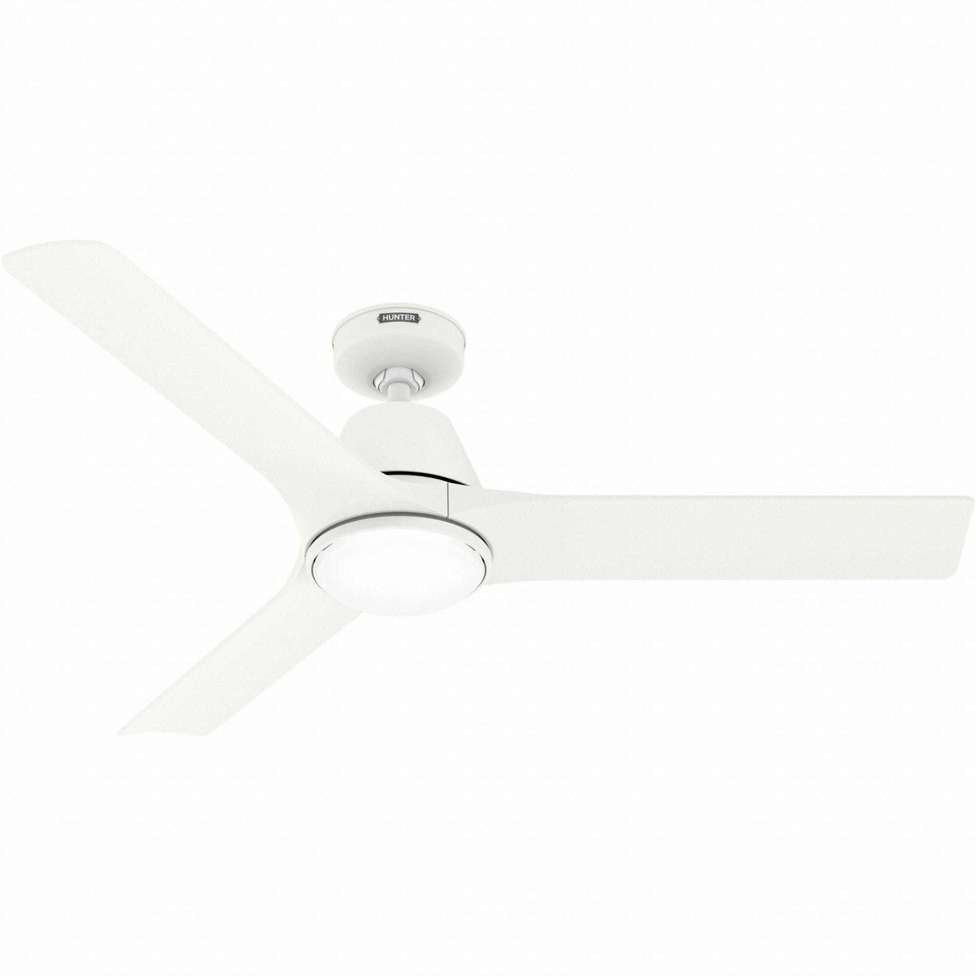 HUNTER Ceiling Fan: 52 in Blade Dia, Matte White, 6 Speeds, Light Kit (MPN 52928). Key specifications — Finish: Matte White; Material: Galvanized; Light Kit: Yes; Number of Speeds: 6; Brand: HUNTER.
