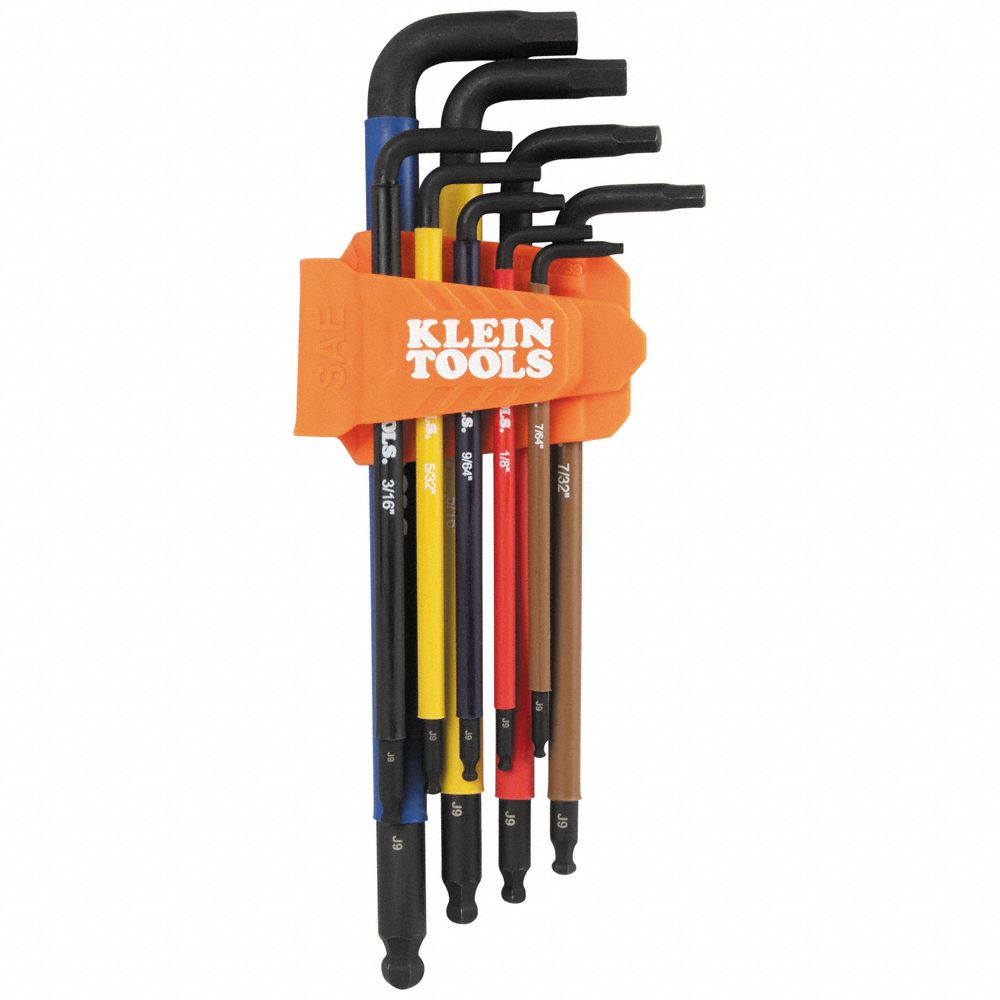 KLEIN TOOLS: 6 - 10 Pieces, L, SAE, Single Ball End, Extra Long, 9 Pieces, Caddy, Black Phosphate