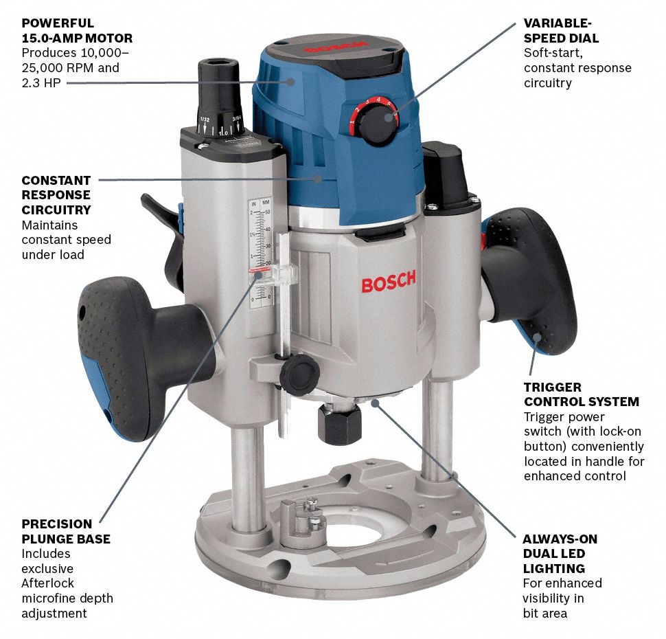 BOSCH Router MidSize, Plunge Base, 2.3 hp, Variable Speed, 25,000 RPM