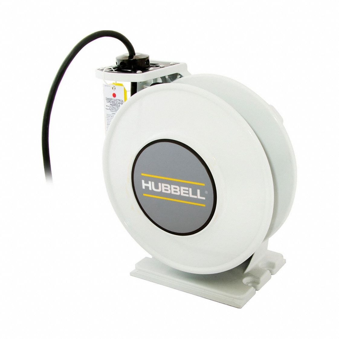 HUBBELL WIRING DEVICE-KELLEMS Extension Cord Reel: Ratchet Lock, 40 ft Cord Lg, 12 AWG, SOW, White (MPN HBLW40124W). Key specifications — Retractable Cord Ending NEMA Configuration: Bare Wire; Voltage: 600V AC; Brand: HUBBELL WIRING DEVICE-KELLEMS.