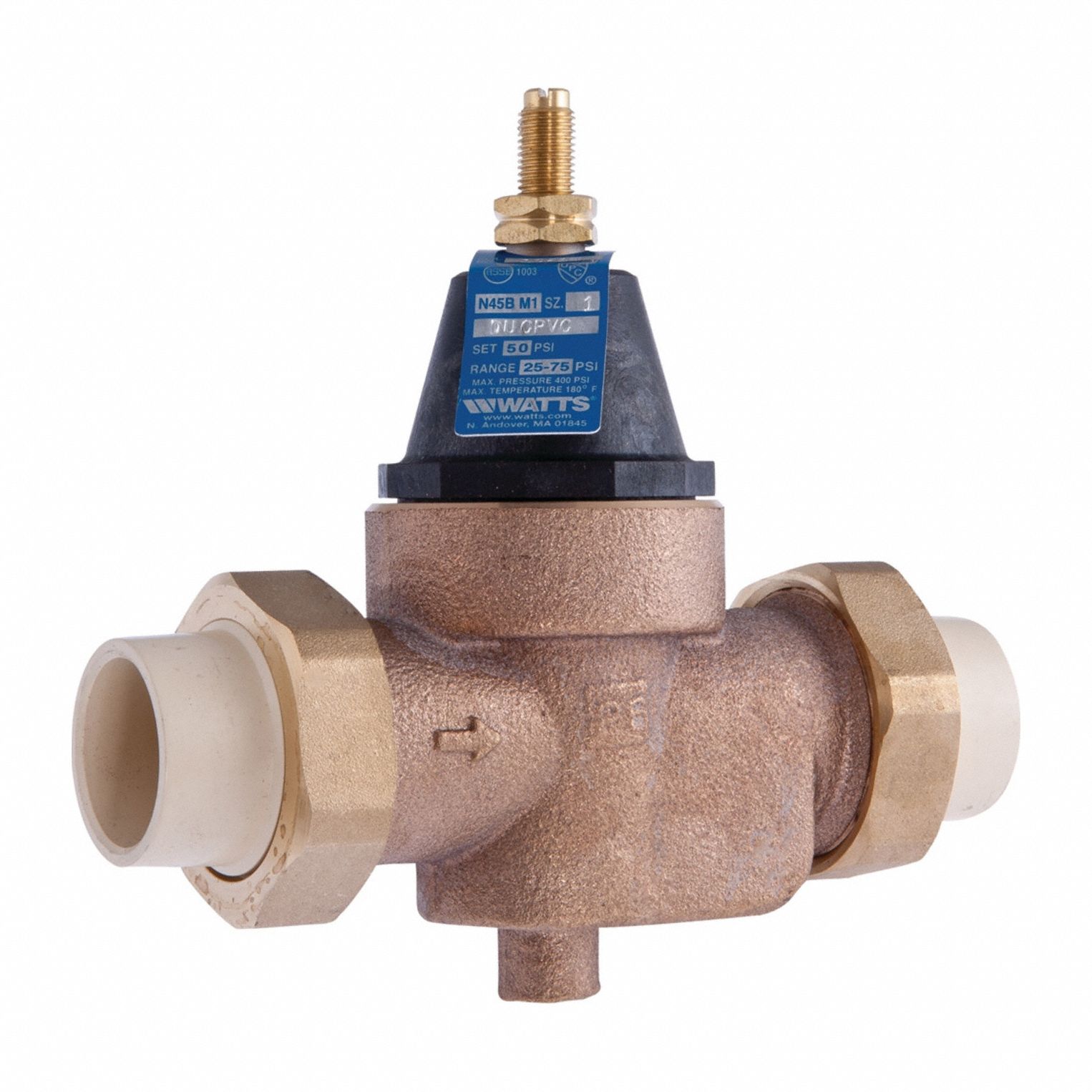 Water Pressure Reducing Valve: 3/4 in Pipe Size, Cast Copper Silicon Alloy, 25 psi to 75 psi
