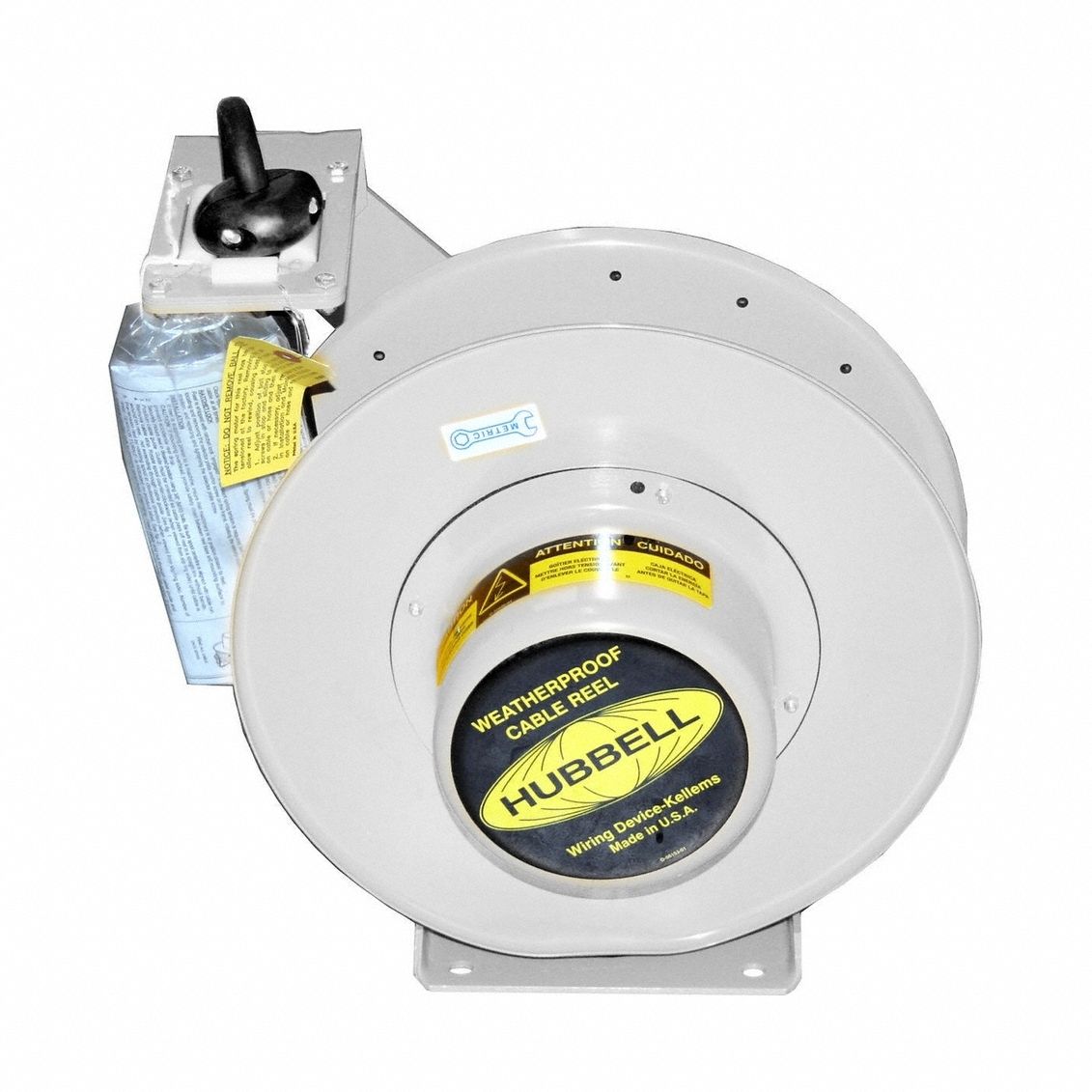 HUBBELL WIRING DEVICE-KELLEMS Extension Cord Reel: Ratchet Lock, 50 ft Cord Lg, 10 AWG, SOW, White (MPN HBL501032WM1). Key specifications — Retractable Cord Ending NEMA Configuration: Bare Wire; Voltage: 600V AC; Brand: HUBBELL WIRING DEVICE-KELLEMS.