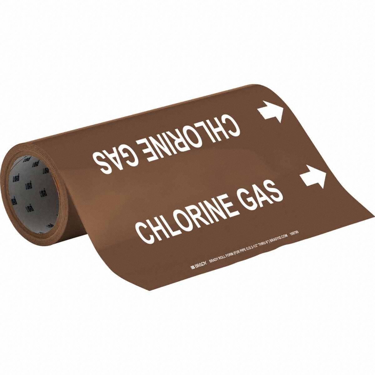 Pipe Marker: Chlorine Gas, Brown, White, Fits 2 1/2 to 6 in Pipe O.D., 30 Pipe Markers, With Arrows
