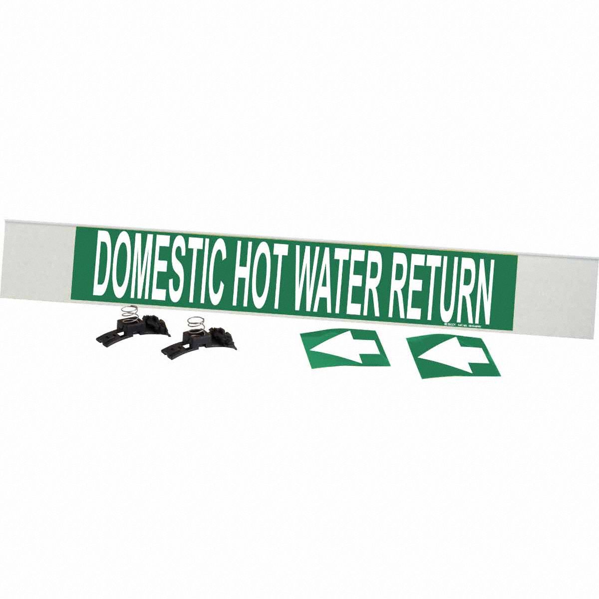 Pipe Marker: Domestic Hot Water Return, Green, White, Fits 8 in and Larger Pipe O.D., 1 Pipe Markers
