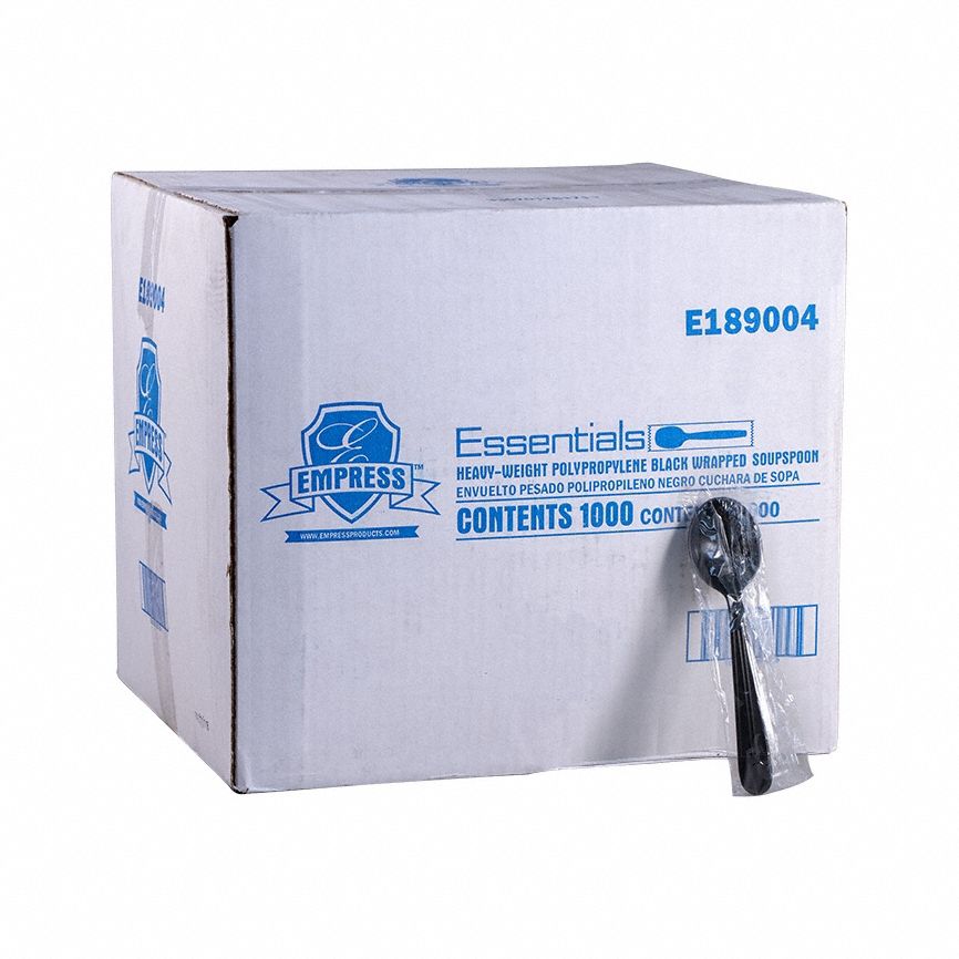 Disposable Soup Spoon: Black, Heavy-Wt, Plastic, Wrapped, 1, 000 PK