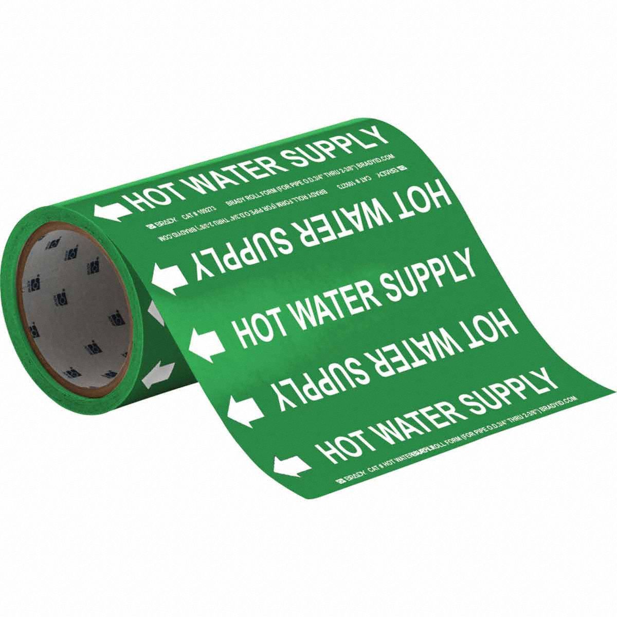 Pipe Marker: Hot Water Supply, Green, White, Fits 2 in and Smaller Pipe O.D., 30 Pipe Markers