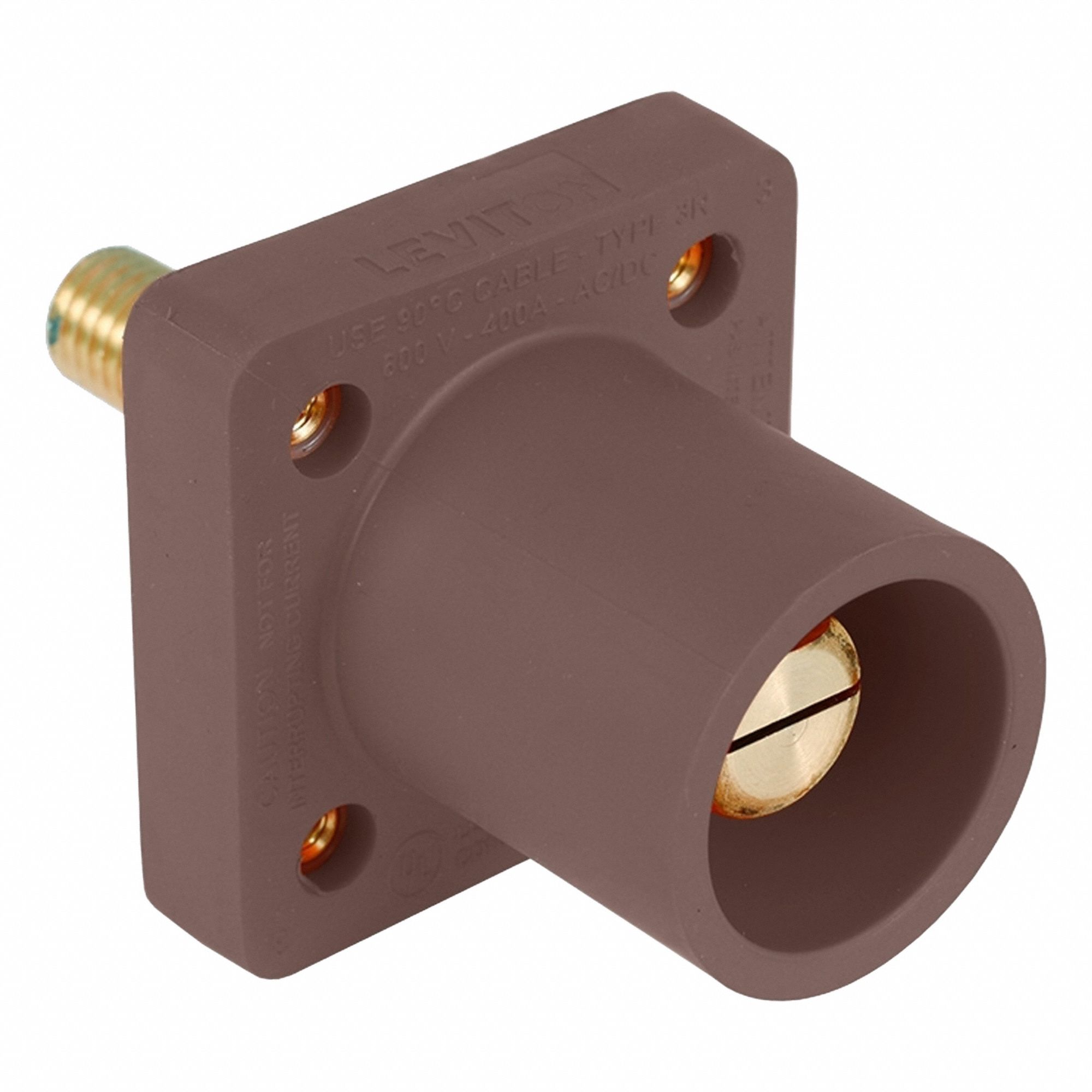 Single Pole Receptacle: For Female Connectors, 400 A, Straight, Brown, Square, Threaded Mounting