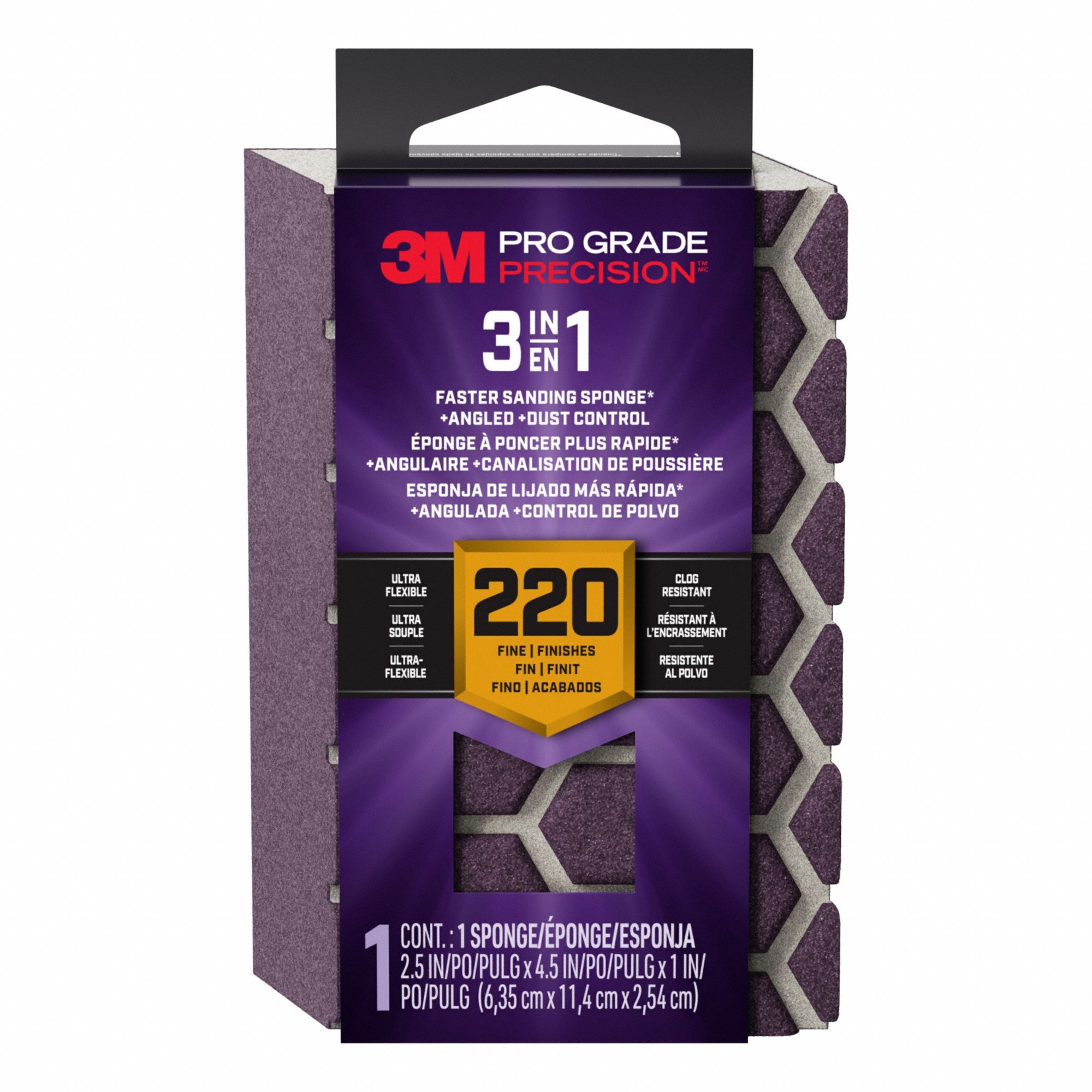 Sanding Sponge: 2 1/2 in W x 4 1/2 in L x 1 in T, Ceramic, Fine, 220 Grit, Pro Grade Precision
