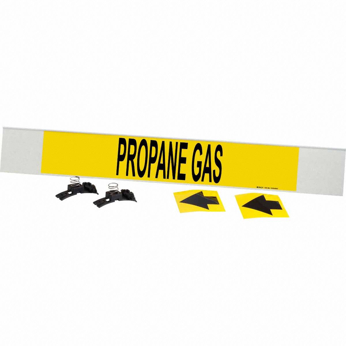 Pipe Marker: Propane Gas, Yellow, Black, Fits 8 in and Larger Pipe O.D., 1 Pipe Markers, With Arrows