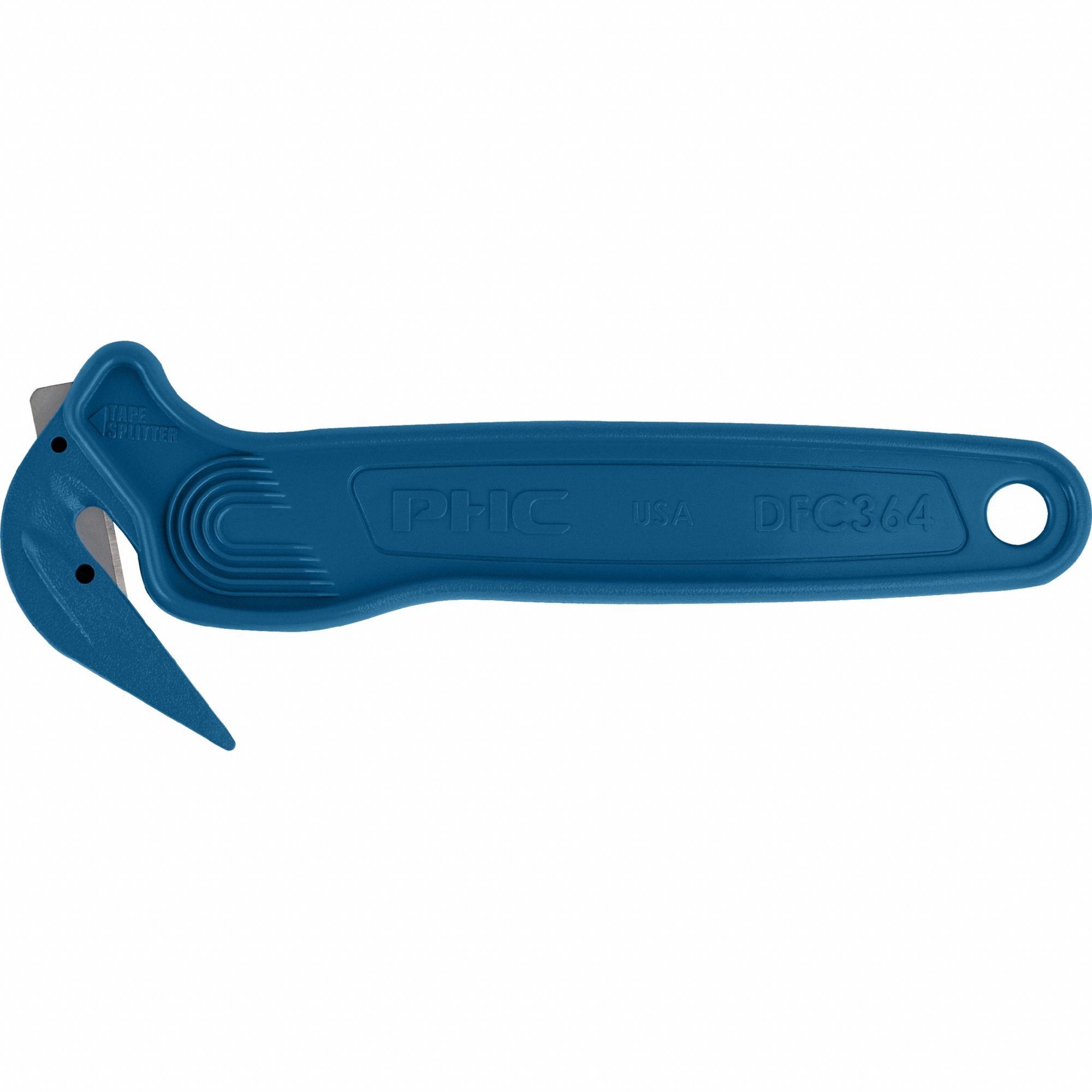 PACIFIC HANDY CUTTER, INC Hook Style Film Cutter: 6 1/2 in Overall Lg, Straight Handle, Textured (MPN C11006-4). Key specifications — attr307620: Blue; attr307617: Straight; attr307618: Textured; attr307619: Carbon Steel; attr307627: Metal Detectable; attr324885: PACIFIC HANDY CUTTER, INC.
