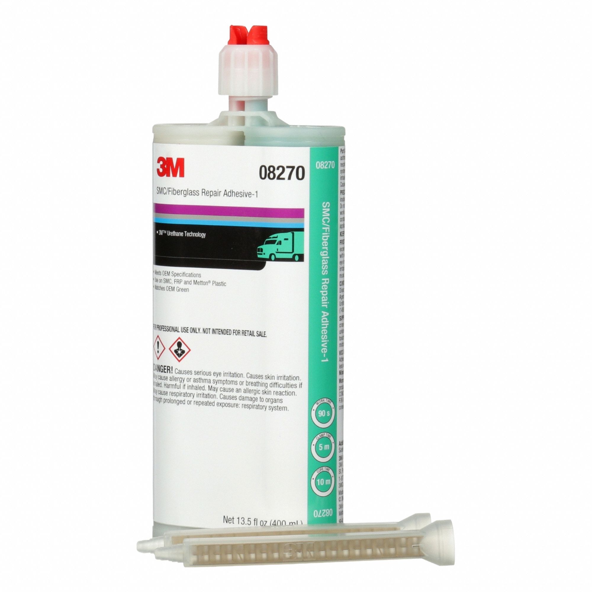 Repair Adhesive: Urethane, Green, Fiberglass/Plastic, 1.5 min Working Time, 10 min Full Cure Time