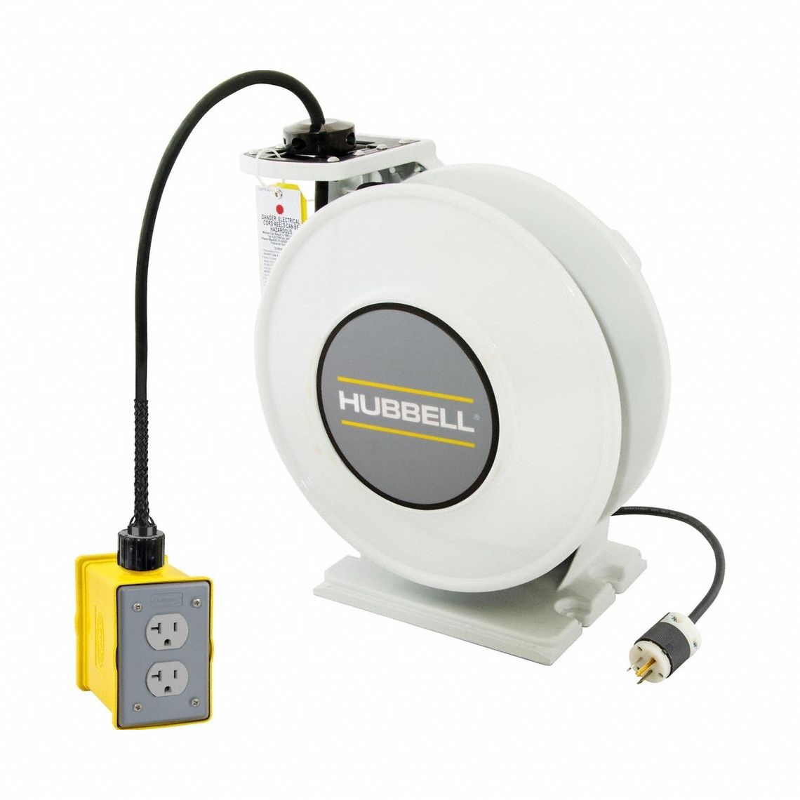 HUBBELL WIRING DEVICE-KELLEMS Extension Cord Reel: Ratchet Lock, 45 ft Cord Lg, 12 AWG, SJO, 5-20P (MPN HBLI45123R220K). Key specifications — Retractable Cord Ending NEMA Configuration: 5-20R; Feeder Cord Ending NEMA Configuration: 5-20P; Brand: HUBBELL WIRING DEVICE-KELLEMS.