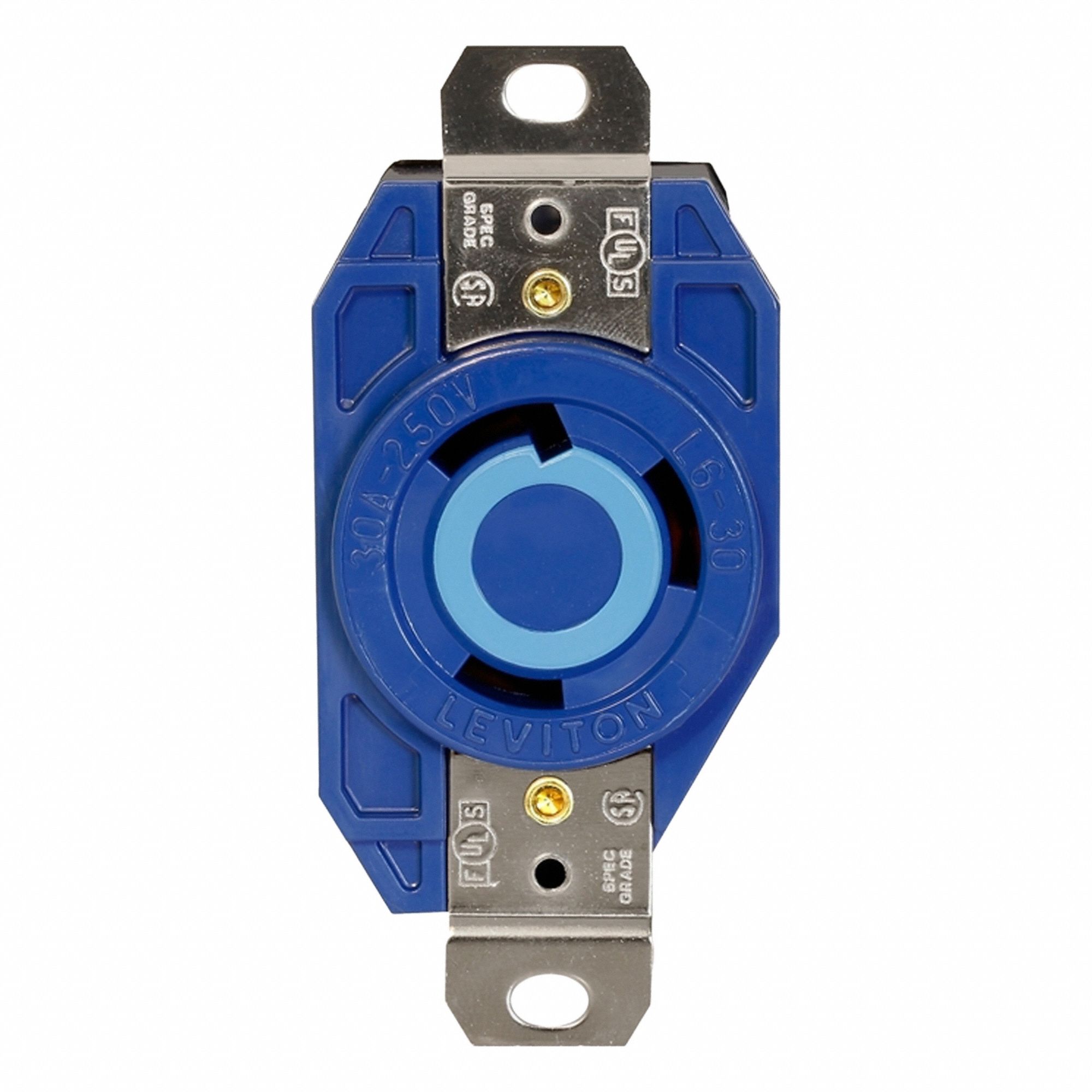 Flush Mounting Lock Receptacle: L6-30R, 30 A, 277V AC, Blue, 2 Poles, Shrouded