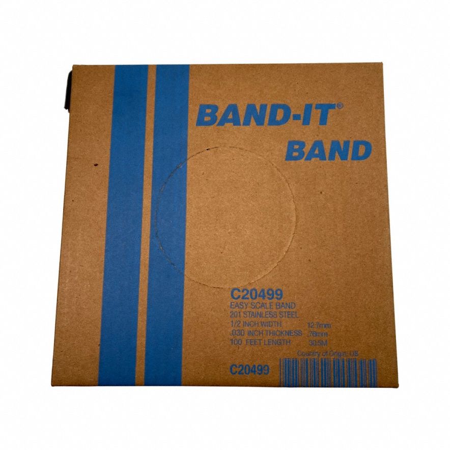Stainless Steel Band: 0.03 in Strapping Thick, 1, 875 lb Break Strength, 100 ft Strapping Lg, 201
