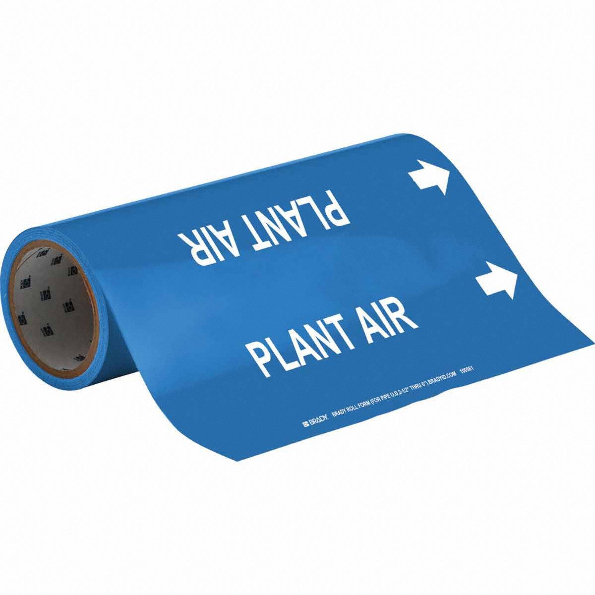 Pipe Marker: Plant Air, Blue, White, Fits 2 1/2 to 6 in Pipe O.D., 30 Pipe Markers, With Arrows