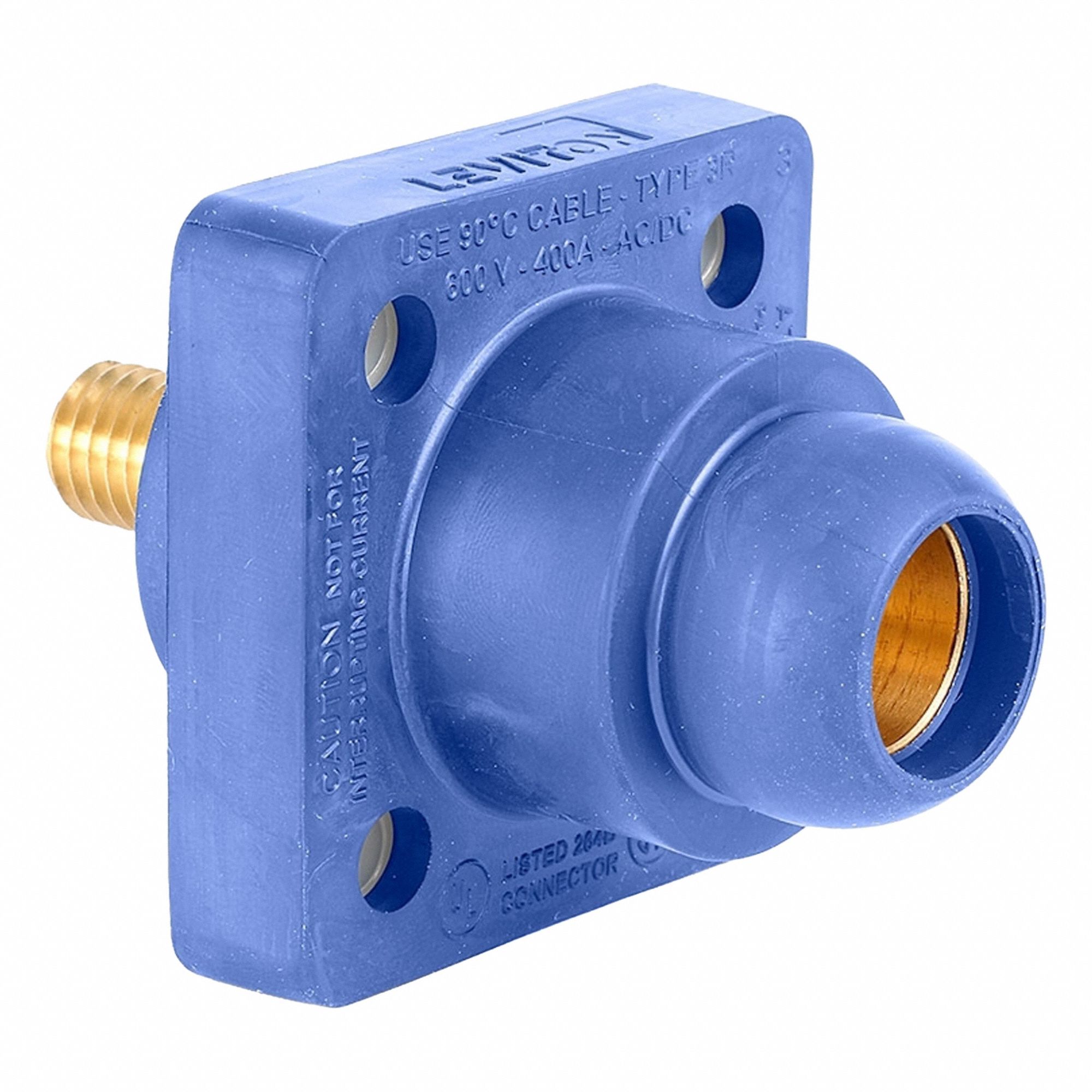 Single Pole Receptacle: For Male Plugs, 400 A, Straight, Blue, Square, Threaded Mounting