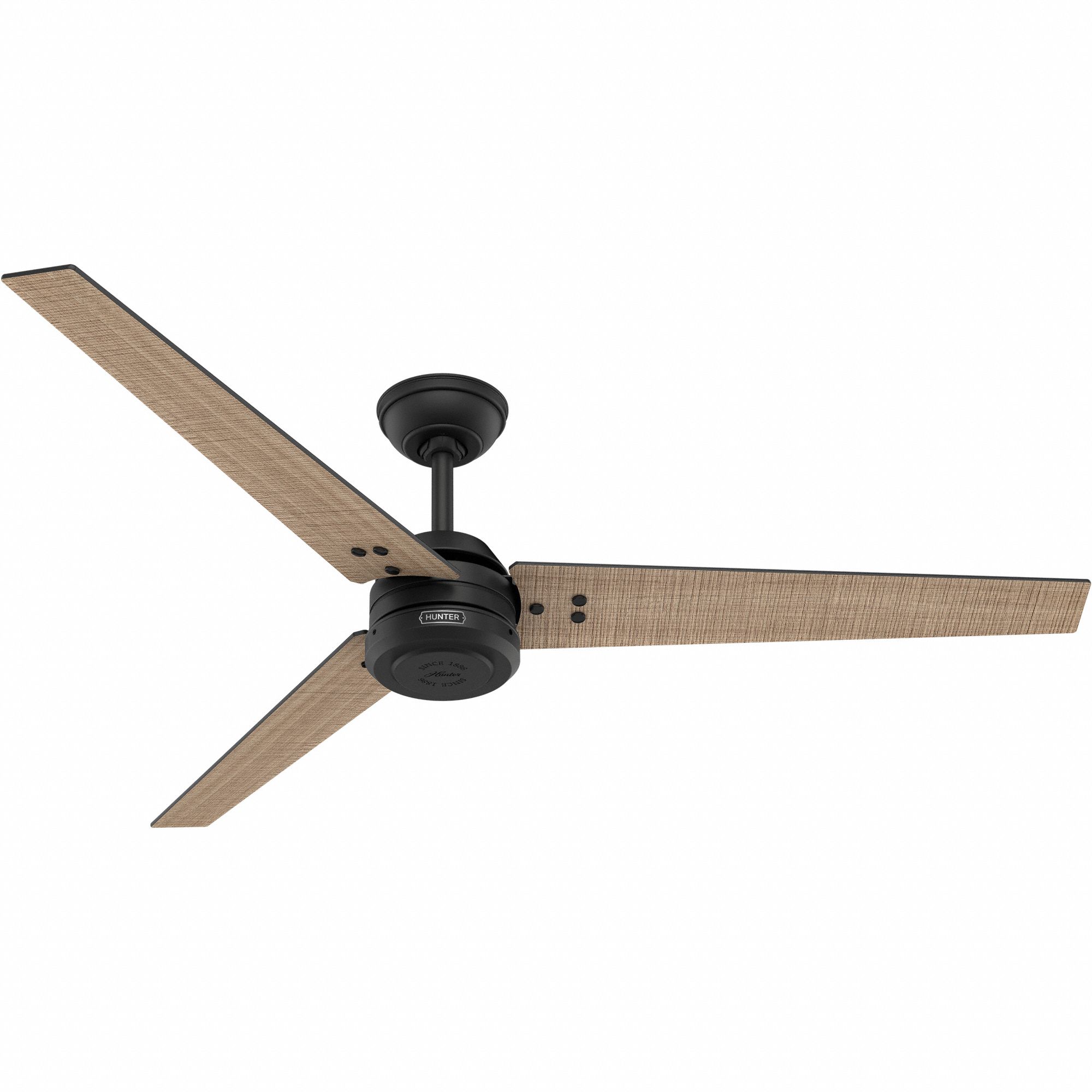 HUNTER Ceiling Fan: 60 in Blade Dia, Matte Black/Walnut Stripe, 4 Speeds (MPN 52979). Key specifications — Finish: Matte Black/Walnut Stripe; Material: Galvanized; Color: Black/Brown; Light Kit: No; Number of Speeds: 4; Brand: HUNTER.