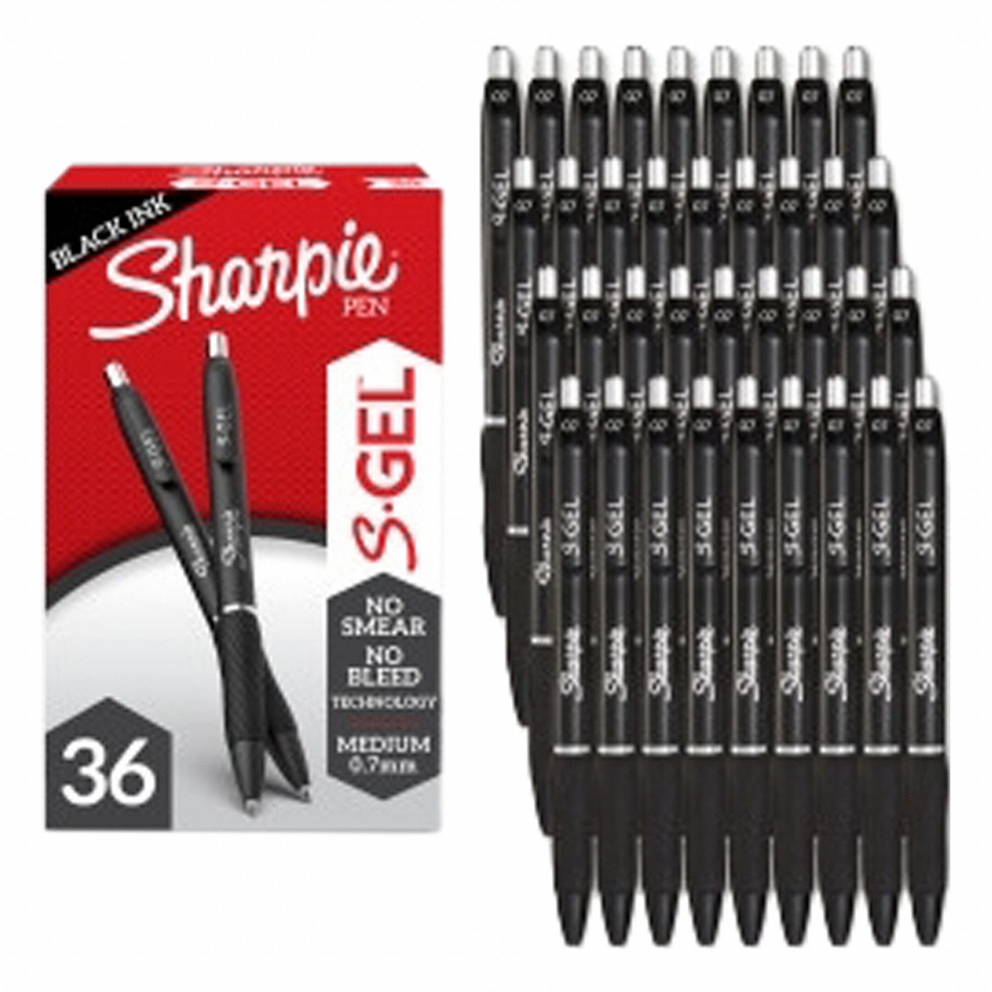 Pen: S-Gel, Black, 0.7 mm, Retractable, Silver, Plastic, Cushion Included, Medium, 36 PK