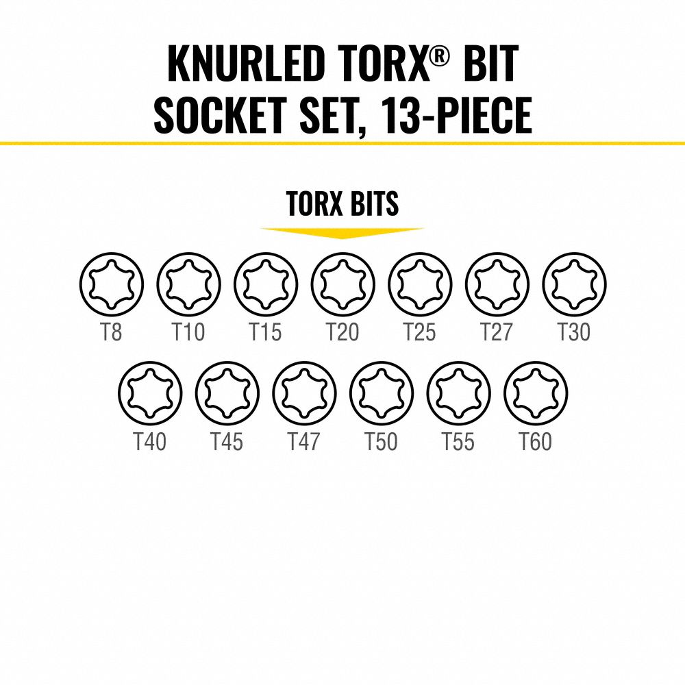 KLEIN TOOLS: Torx, 1/4 in, 3/8 in, 1/2 in Drive Size, 13 Pieces, Fixed Insert, Torx Tip