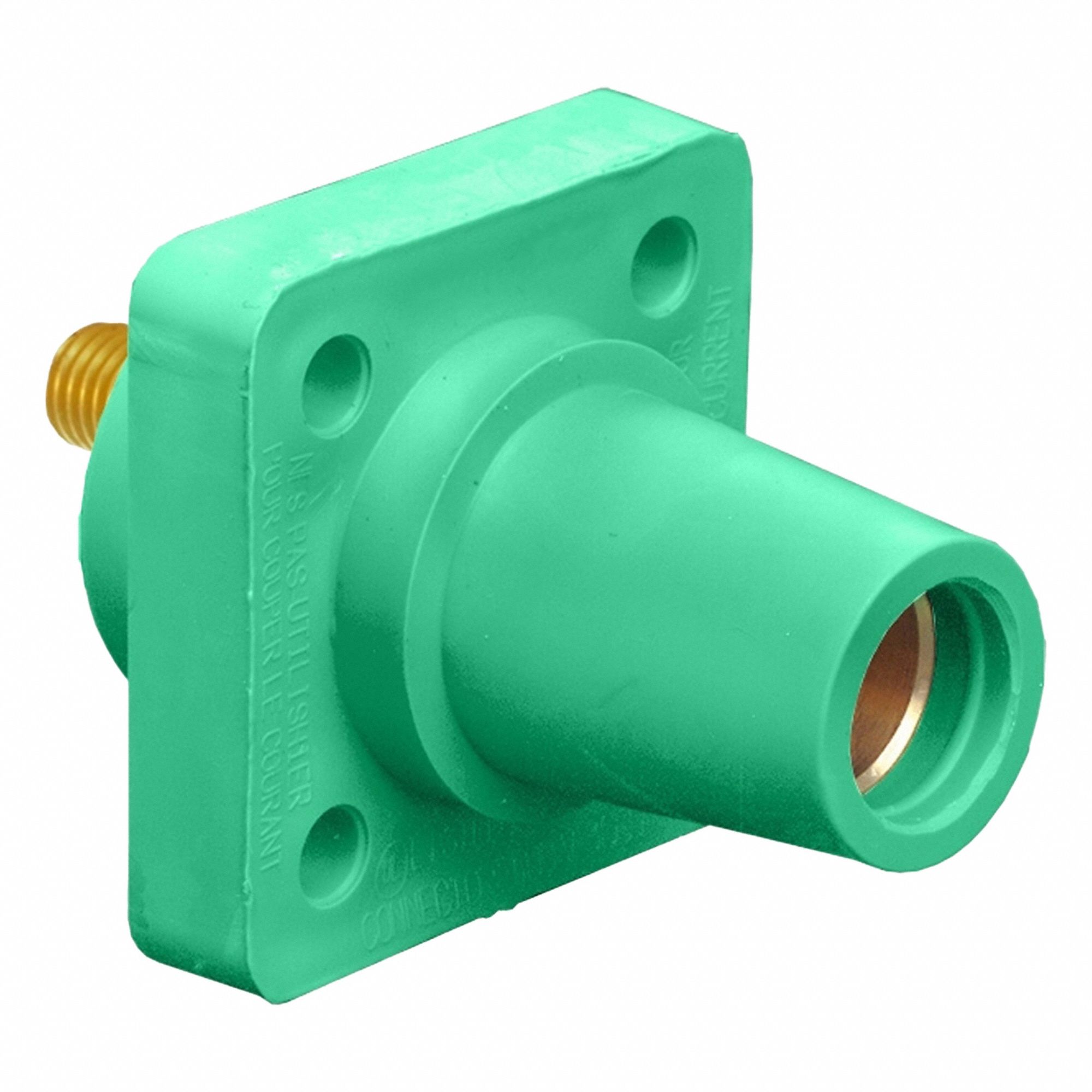 Single Pole Receptacle: For Male Plugs, 400 A, Straight, Green, Square, Threaded Mounting