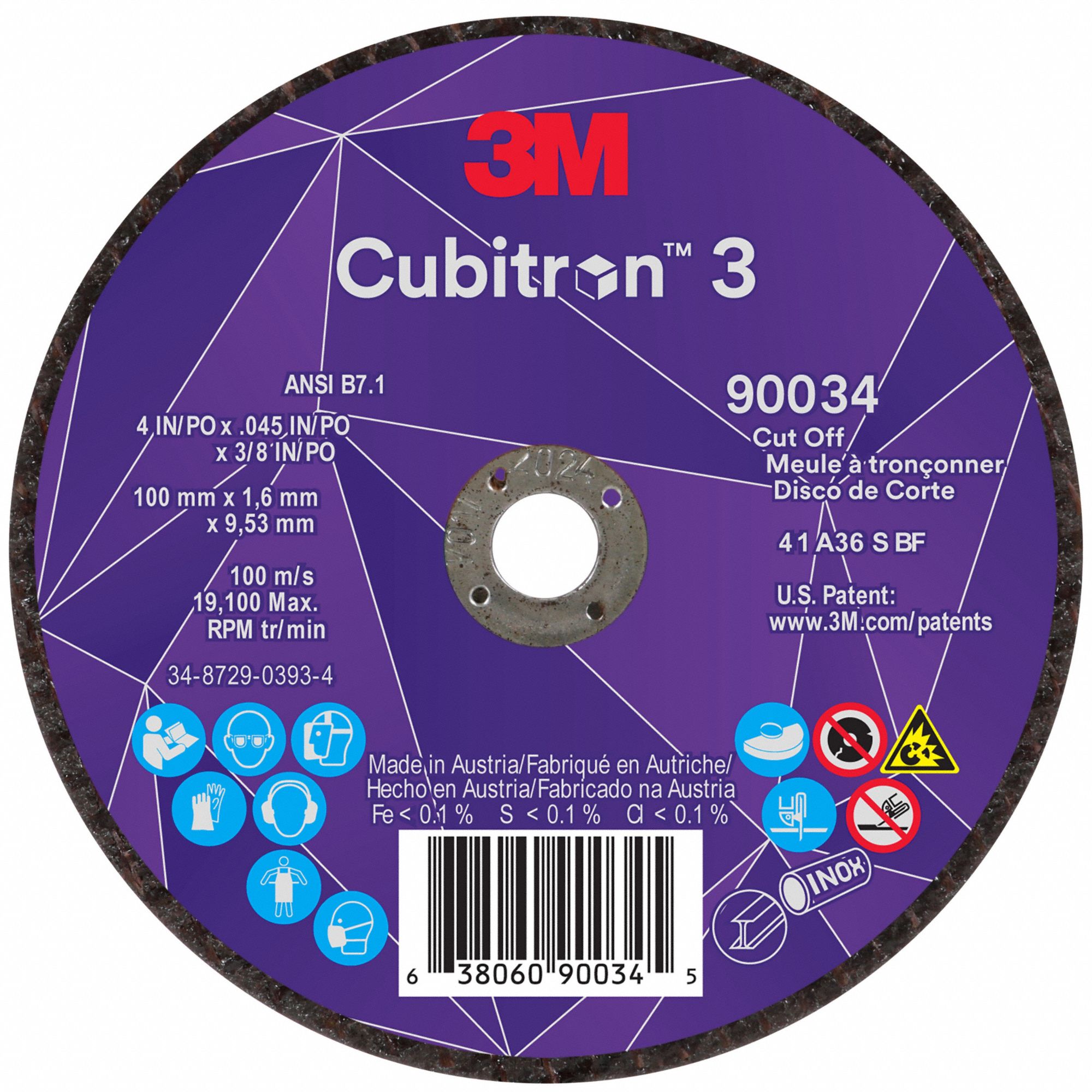 Abrasive Cut-Off Wheel: Type 1, 4" x 0.045" x 3/8", Ceramic, 36 Grit
