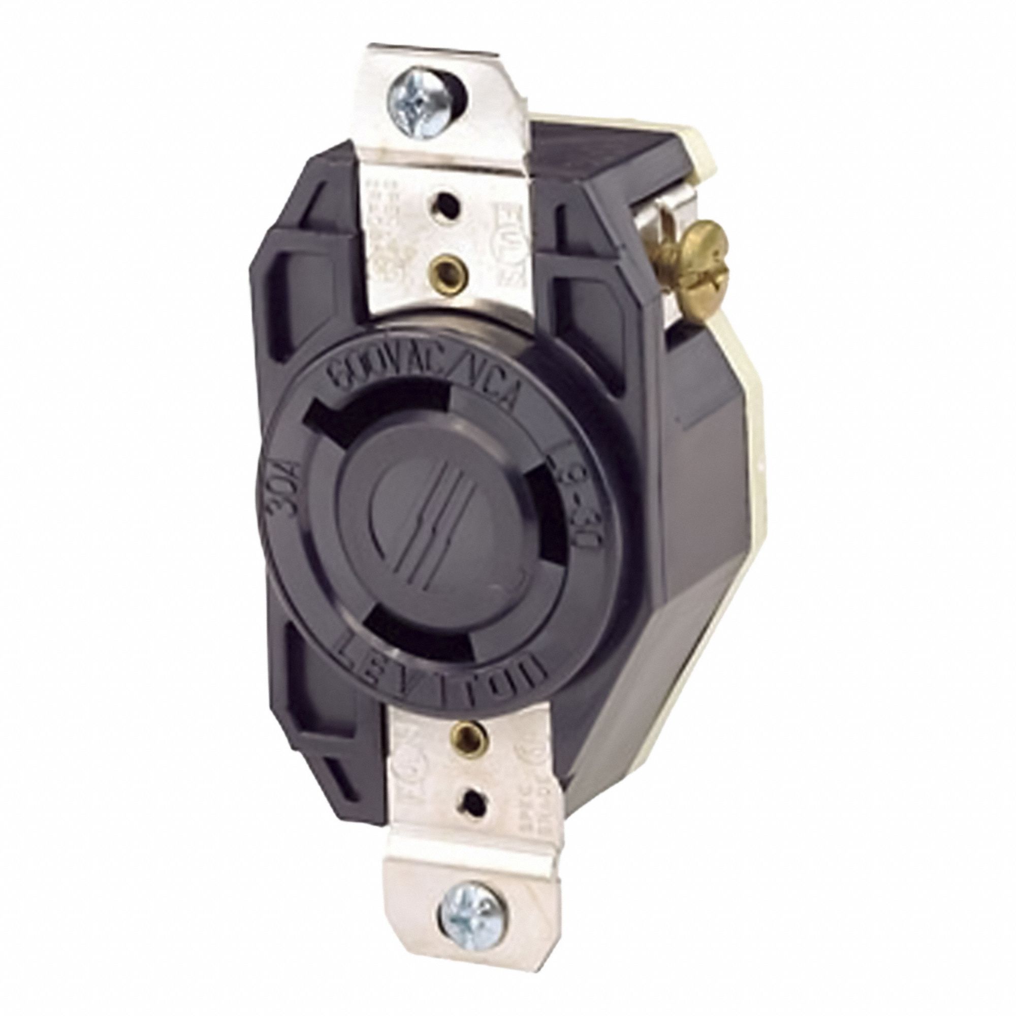 Flush Mounting Lock Receptacle: L9-30R, 30 A, 600V AC, Black, 2 Poles, Shrouded