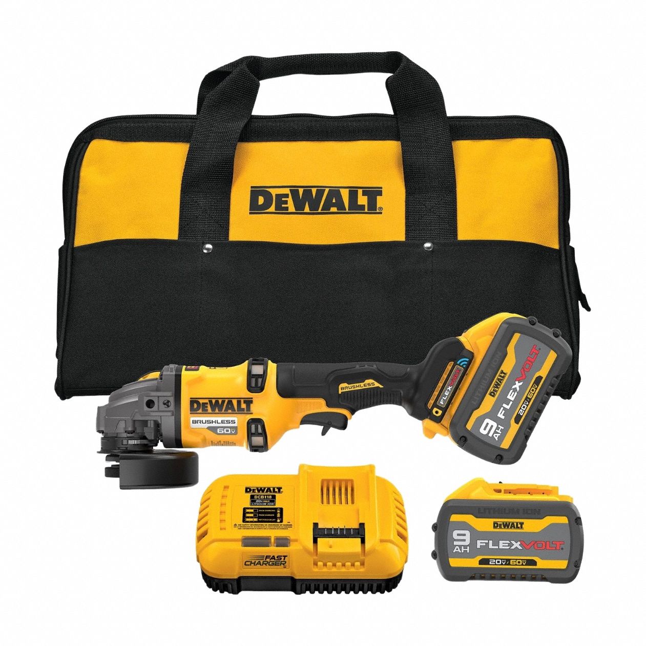 Angle Grinder Kit: 6 in_4 1/2 in Wheel Dia, Brushless Motor, (2) 9.0 Ah, 60V DC, Std Head, FLEXVOLT®