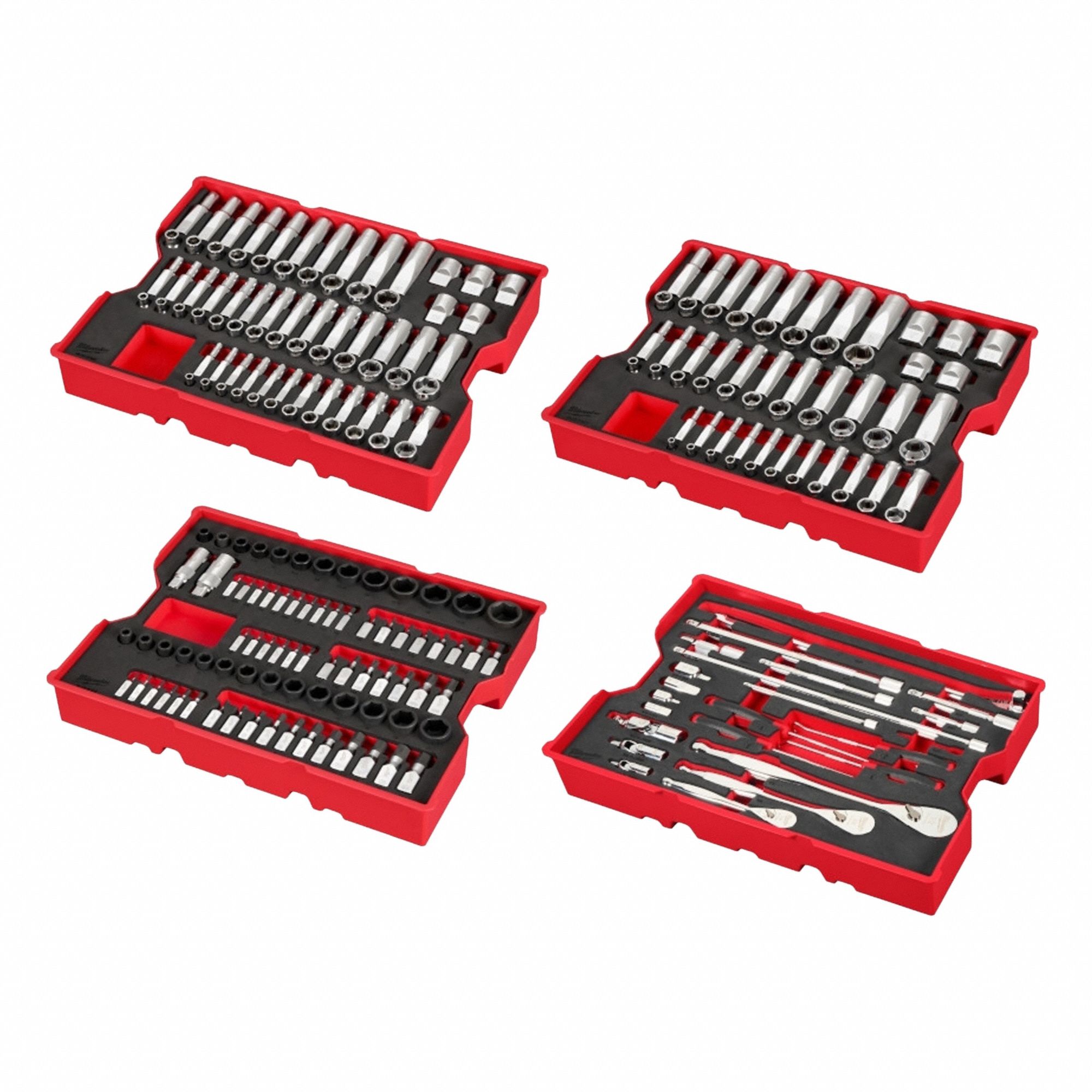 MILWAUKEE Socket Set: 1/4 in, 3/8 in, 1/2 in Drive Size, 5/32 in - 1-1/8 in/5 mm - 24 mm Socket Size (MPN 48-22-9490). Key specifications — attr1226214: PACKOUT™; attr1204251: MILWAUKEE; attr1215453: 1/4 in, 3/8 in, 1/2 in; attr1215454: 5 mm - 24 mm; attr1224229: Friction.