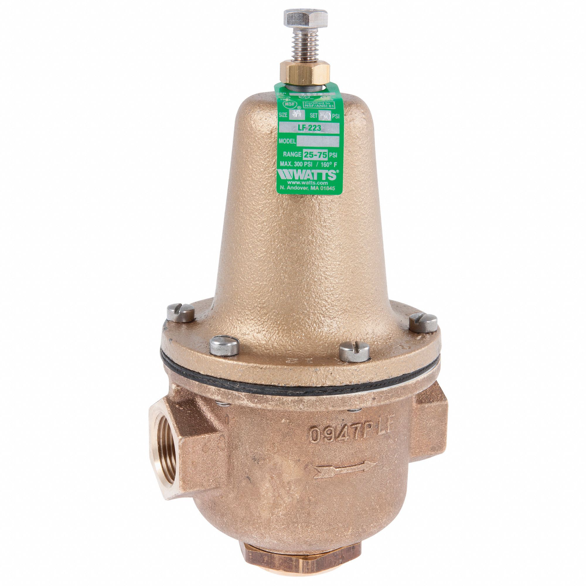Water Pressure Reducing Valve: NPT x NPT, 3/4 in Pipe Size, Brass, 25 psi to 75 psi, NPT x NPT