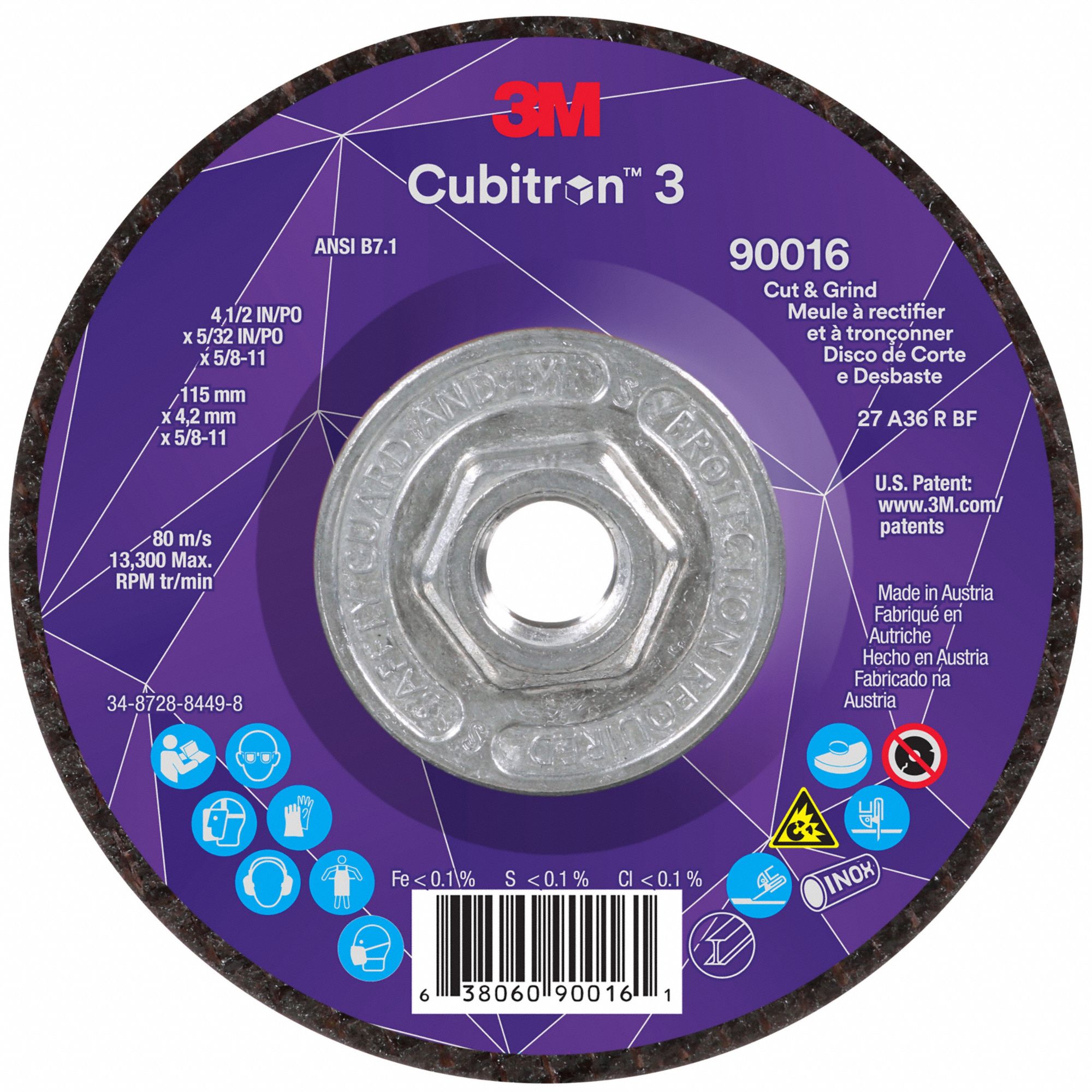 Cut-Off and Grinding Wheel: Type 27, 4 1/2" x 5/32" x 5/8"-11, Ceramic, 36 Grit