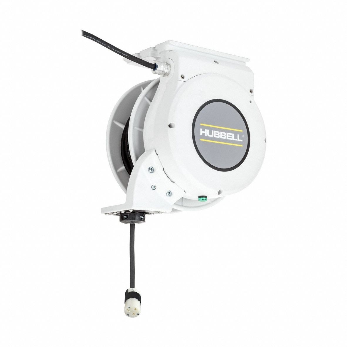 HUBBELL WIRING DEVICE-KELLEMS Extension Cord Reel: Ratchet Lock, 25 ft Cord Lg, 12 AWG, SJO, 5-20P (MPN HBLM25123C20). Key specifications — Retractable Cord Ending NEMA Configuration: 5-20R; Feeder Cord Ending NEMA Configuration: 5-20P; Brand: HUBBELL WIRING DEVICE-KELLEMS.
