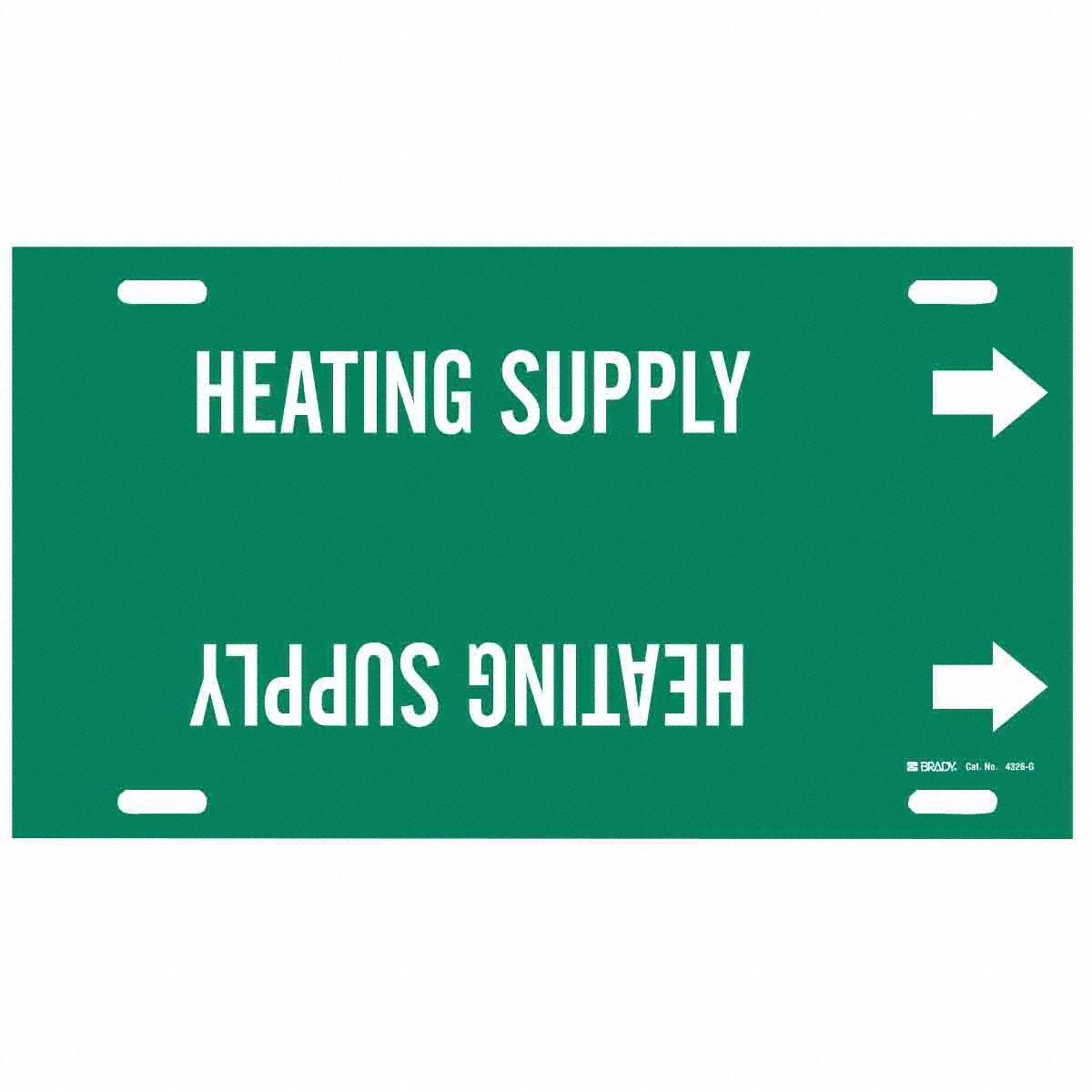 Pipe Marker: Heating Supply, Green, White, Fits 8 to 9 7/8 in Pipe O.D., 1 Pipe Markers, With Arrows