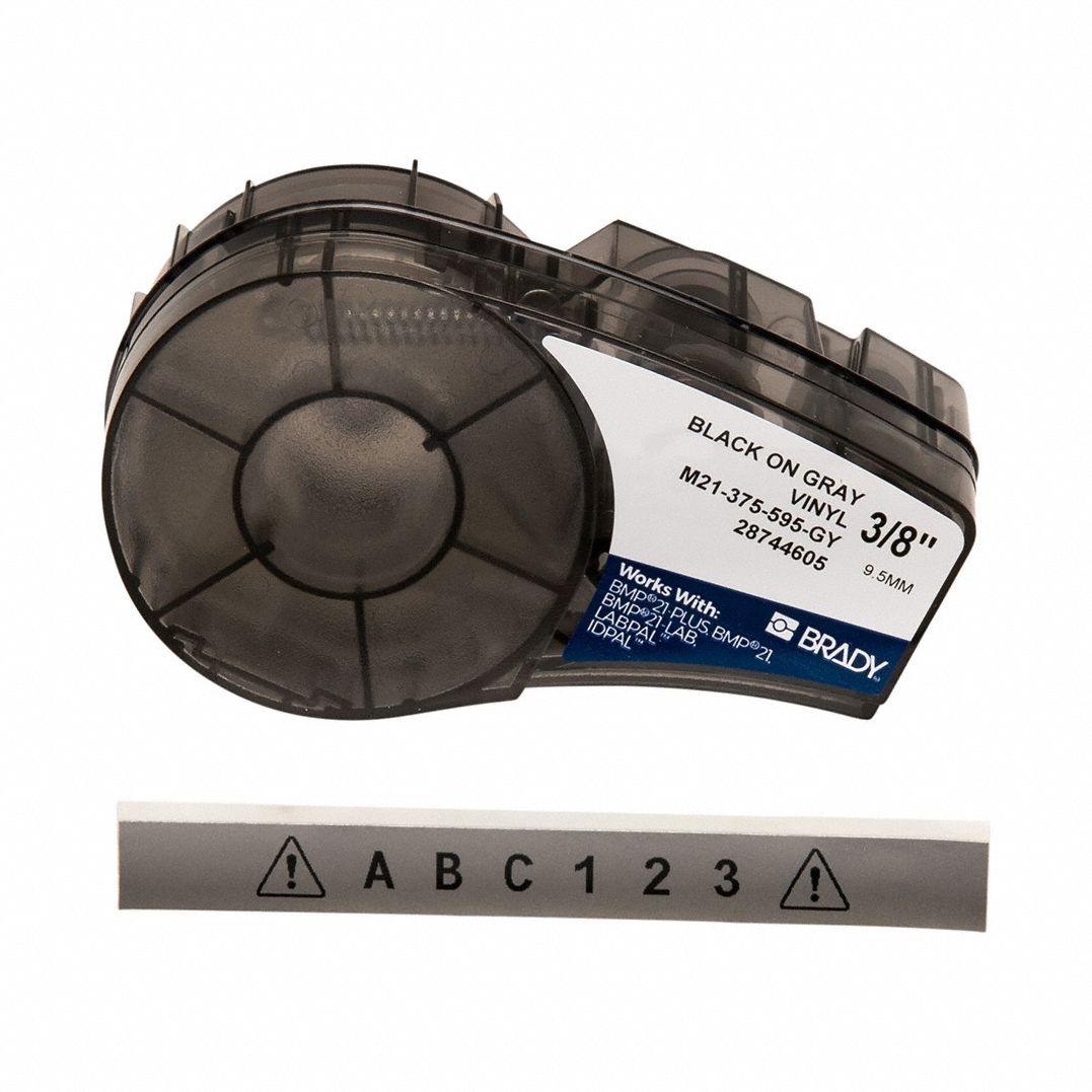 Combined Label and Ribbon Cartridge: 3/8 in x 21 ft, Vinyl, Gray (Gloss), Indoor/Outdoor