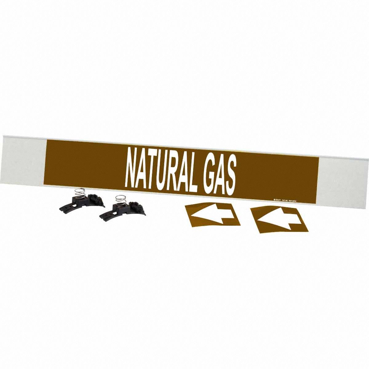 Pipe Marker: Natural Gas, Brown, White, Fits 8 in and Larger Pipe O.D., 1 Pipe Markers, With Arrows