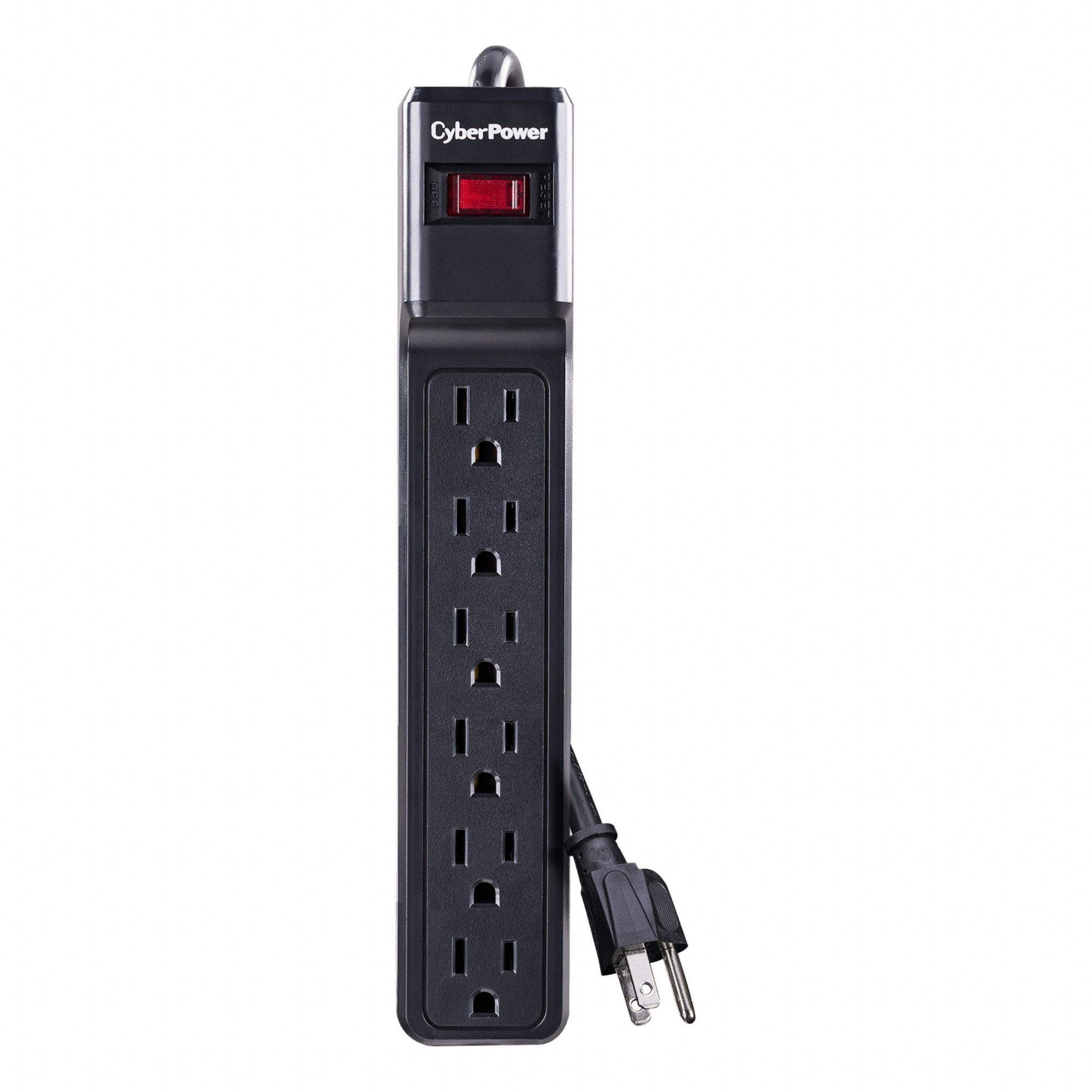 Surge Protector Outlet Strip: 6 Outlets, NEMA 5-15R, NEMA 5-15P, 12 ft Cord Lg, Black