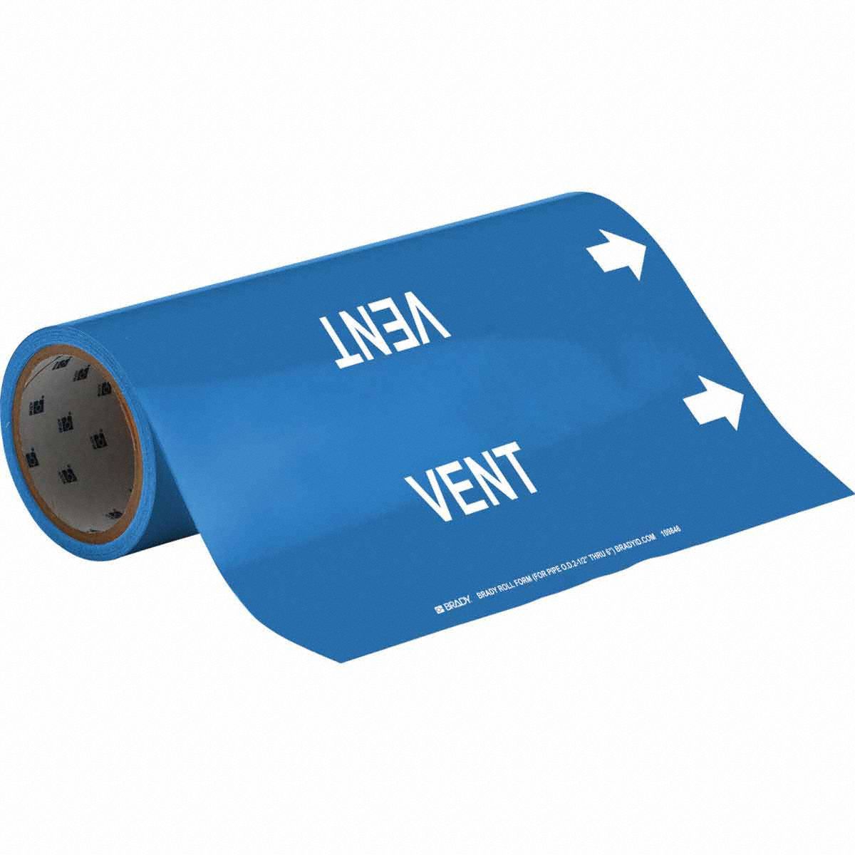 Pipe Marker: Vent, Blue, White, Fits 2 1/2 to 6 in Pipe O.D., 30 Pipe Markers, With Arrows