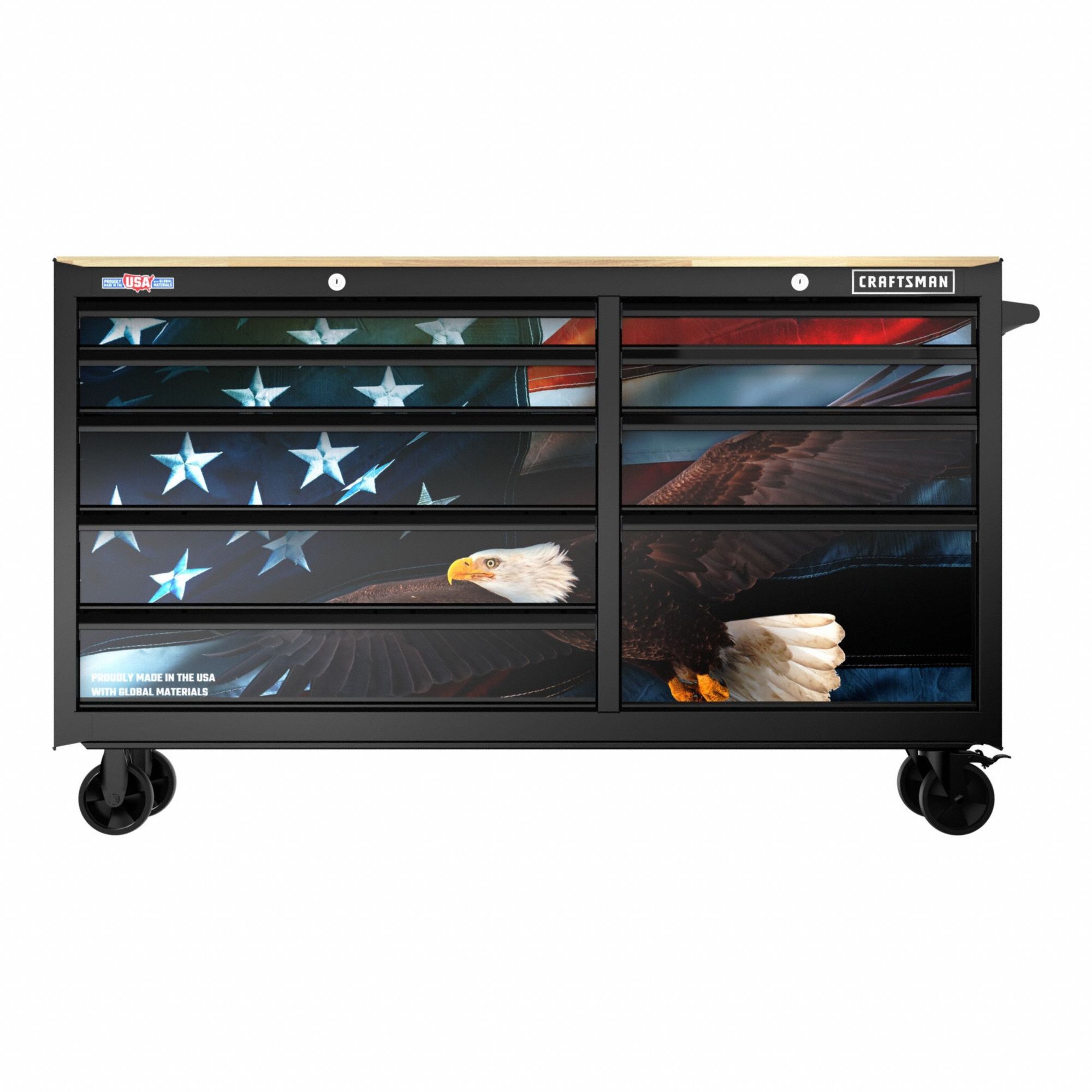 CRAFTSMAN Rolling Tool Cabinet: Black / Black Drawer, 63 in W x 18 in D x 37 1/2 in H, 9 Drawers (MPN CMST98279P). Key specifications — attr1117811: CRAFTSMAN.