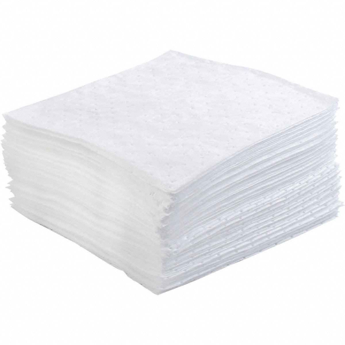 Sorbent Pad: 104 oz Volume Absorbed Per Pad, Polypropylene, White, Box, 50 PK