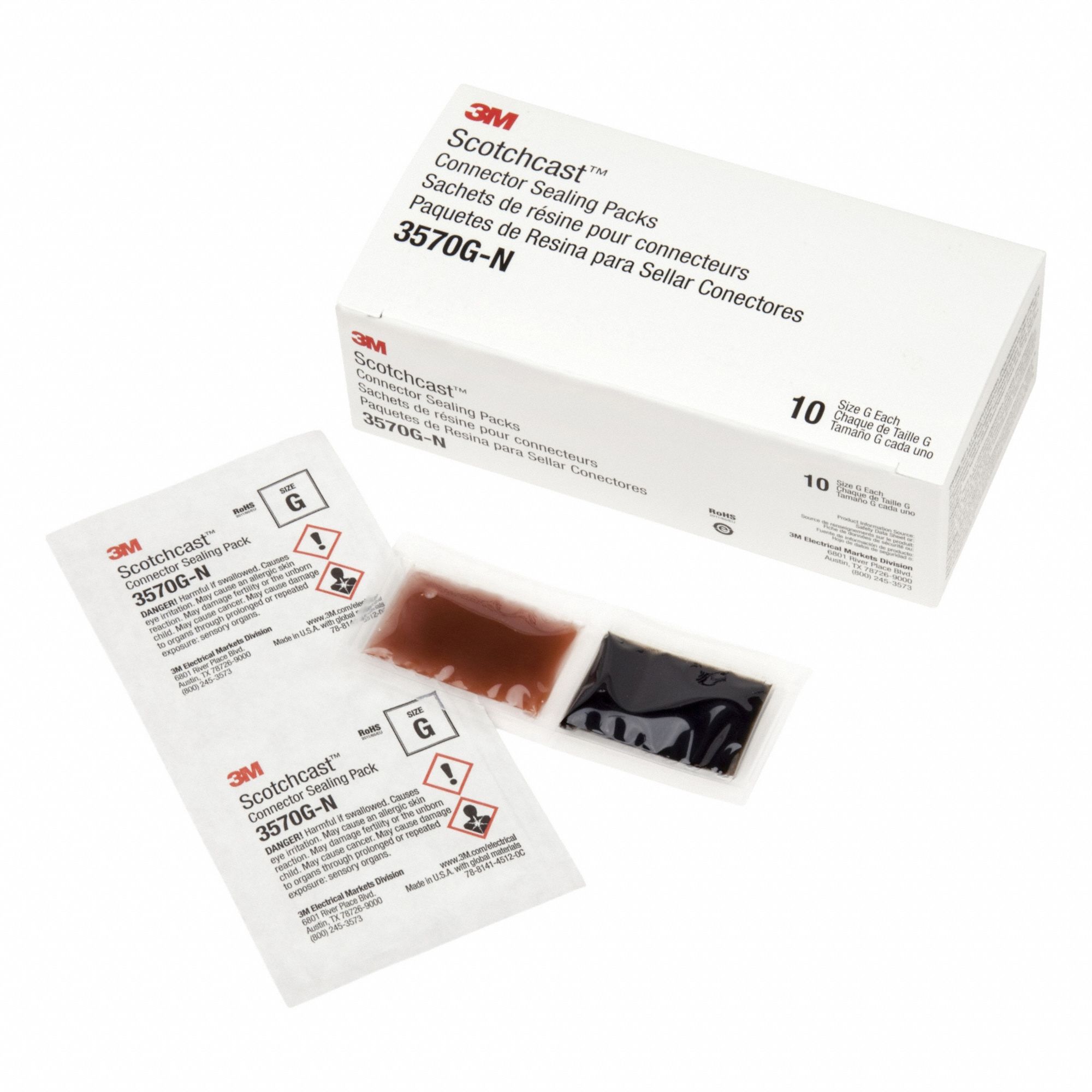 3M Splice Kit: 5 oz, 600 kV Max Volt (MPN 7000133446). Key specifications — attr1308317: Closed Mixing Pouch; attr1308325: Thermo Setting Resin; attr1308339: Epoxy resin insulates and offers protection for electrical spring connectors against water, dust, soil and other environmental elements.; attr1308349: 3M.