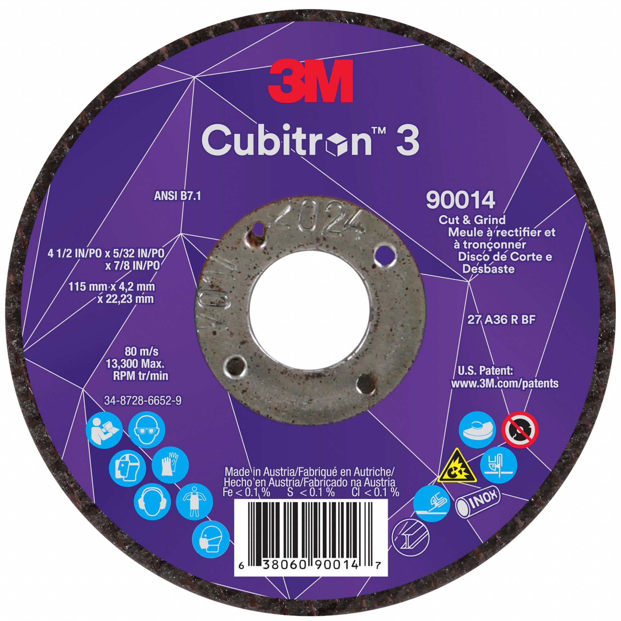 Cut-Off and Grinding Wheel: Type 27, 4 1/2" x 5/32" x 7/8", Ceramic, 36 Grit