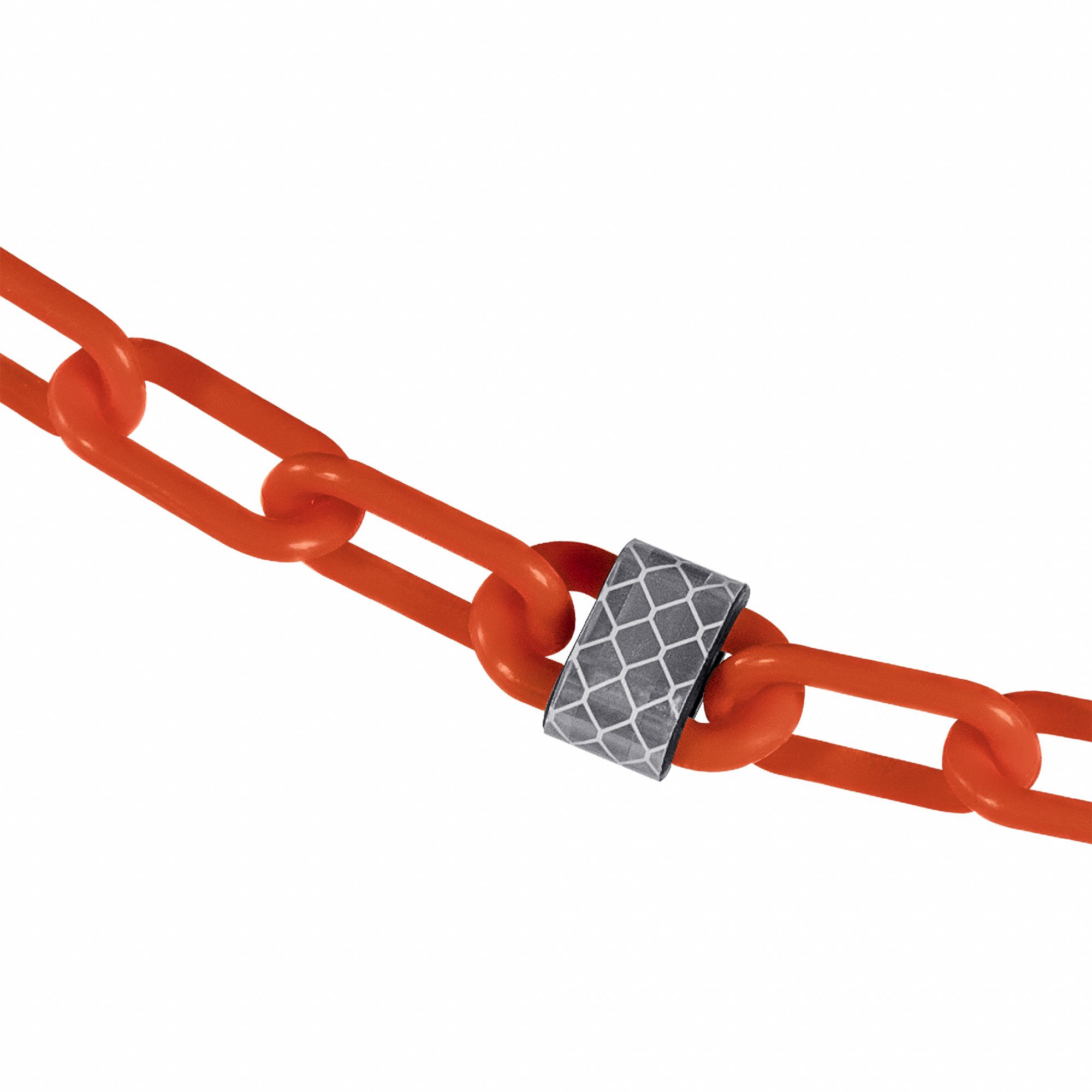 Plastic Chain: 25 ft Lg, Orange, Plastic, 2 in Link Outside Lg