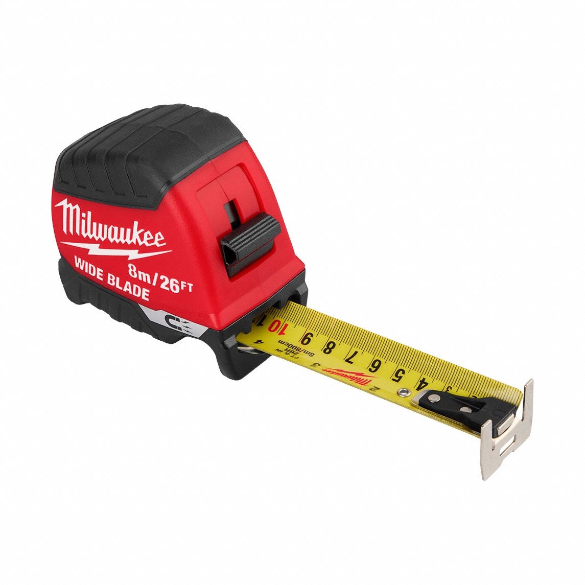 Wide Blade Magnetic Tape Measure: Magnetic Single Hook Tip, 26 ft / 8 m, Red