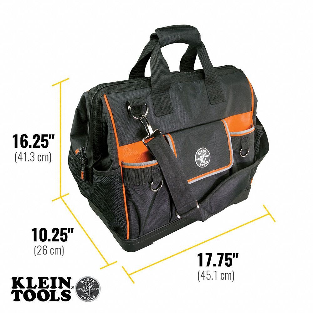 Tool Bag: 17 1/2 in W x 10 in D x 16 in H, Black, Polyester, 42 Pockets, Polyester
