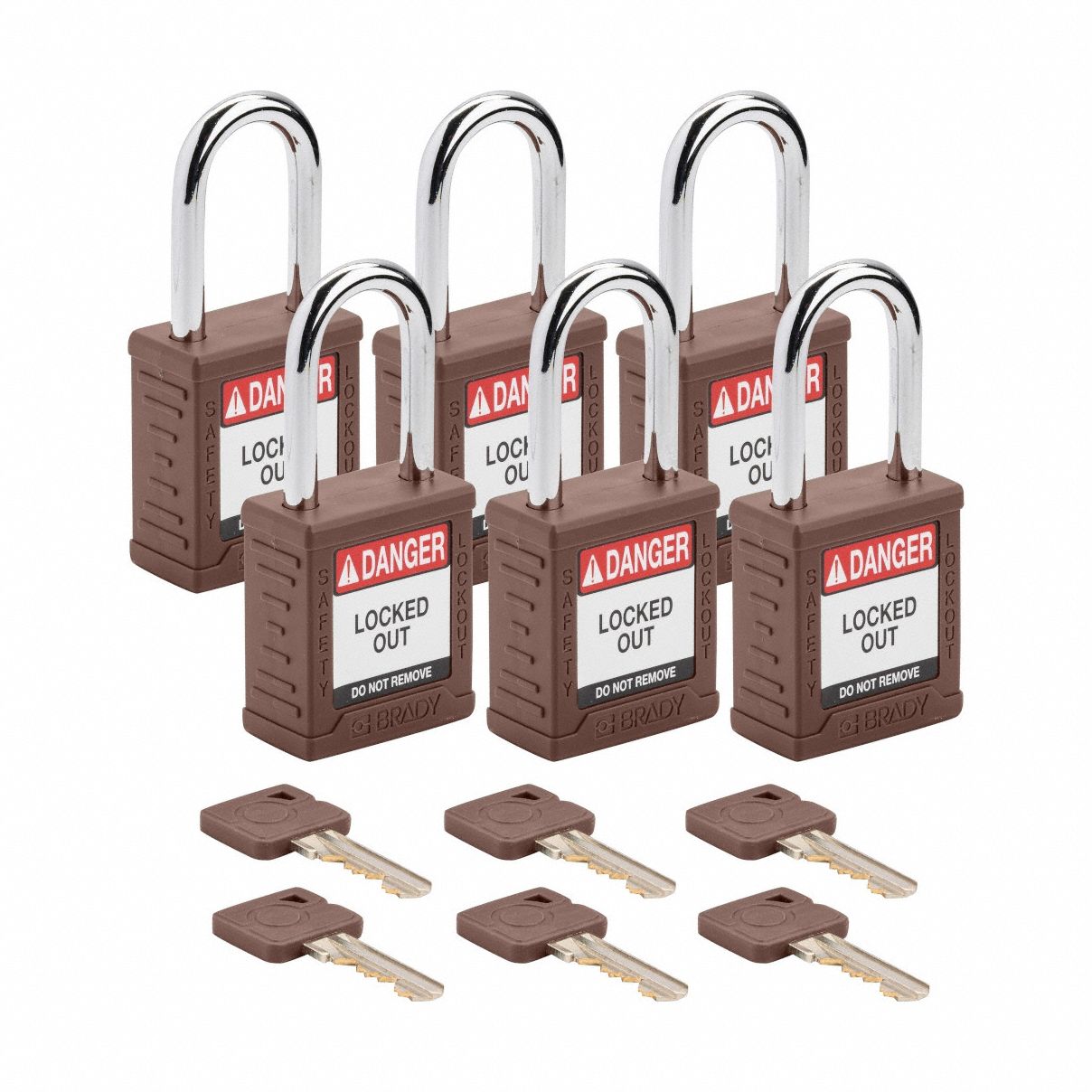 Lockout Padlock: Keyed Alike, Nylon, Std Body Body Size, Steel, Std, Brown, 6 Pack Size, BRADY