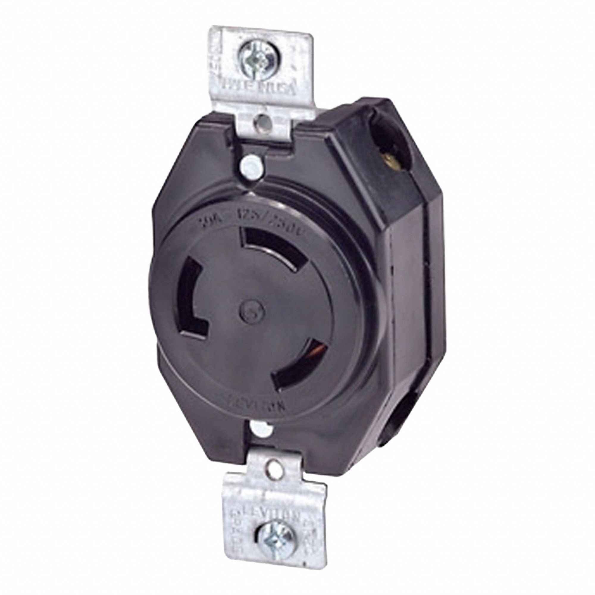 Flush Mounting Lock Receptacle: Non-NEMA, 30 A, 125/250V AC, Black, 3 Poles, Shrouded
