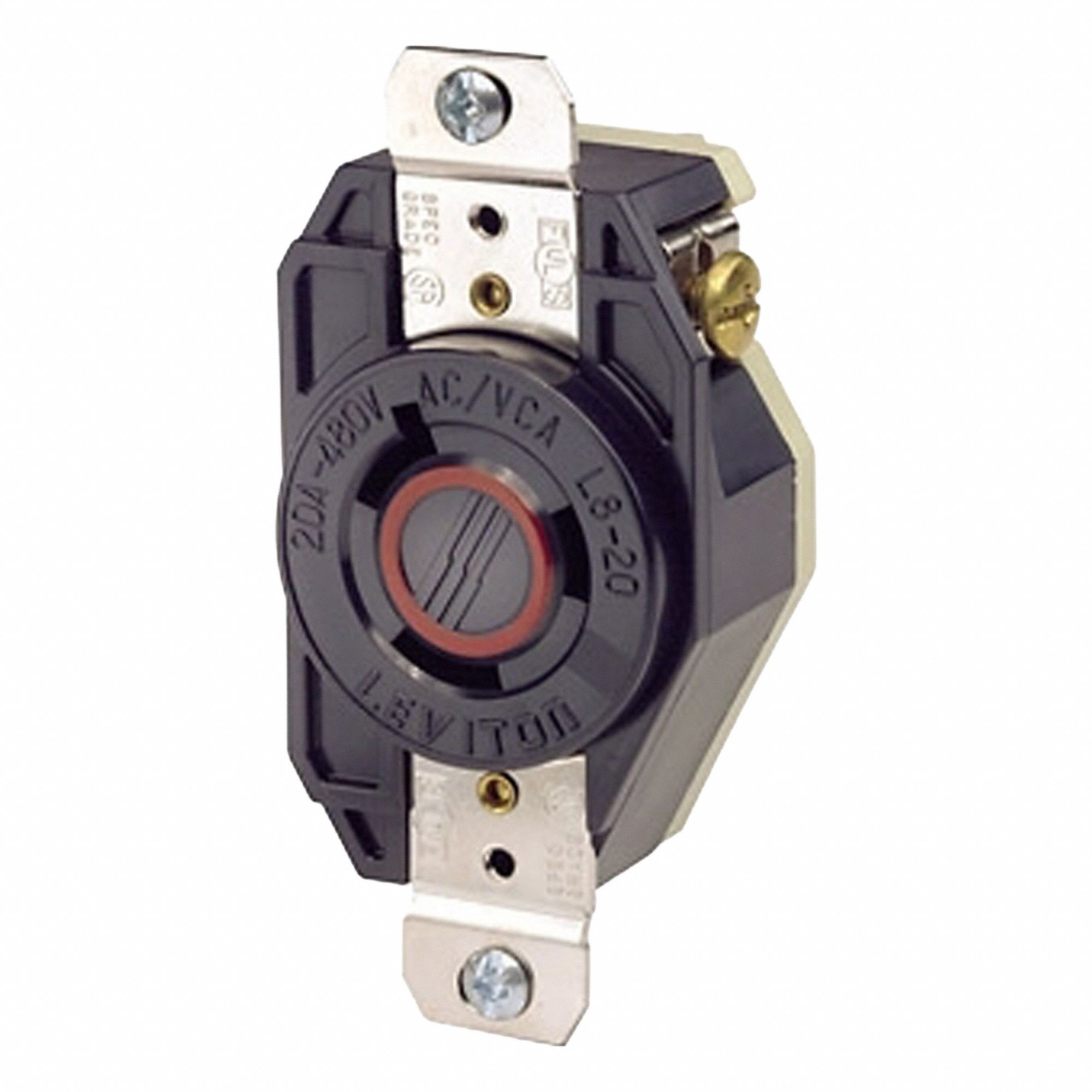 Flush Mounting Lock Receptacle: L8-20R, 20 A, 480V AC, Black, 2 Poles, Shrouded
