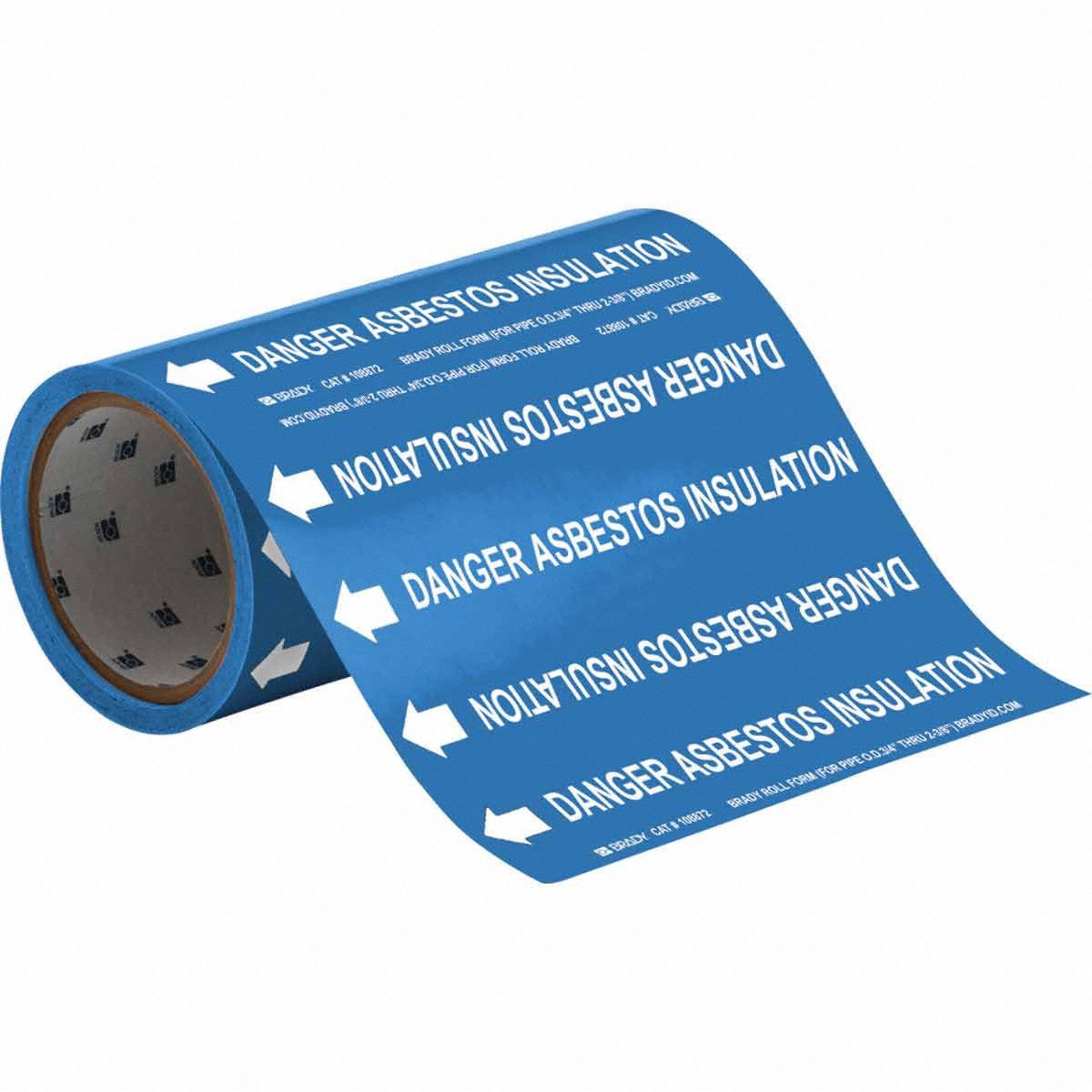 Pipe Marker: Danger Asbestos Insulation, Blue, White, Fits 2 in and Smaller Pipe O.D., With Arrows